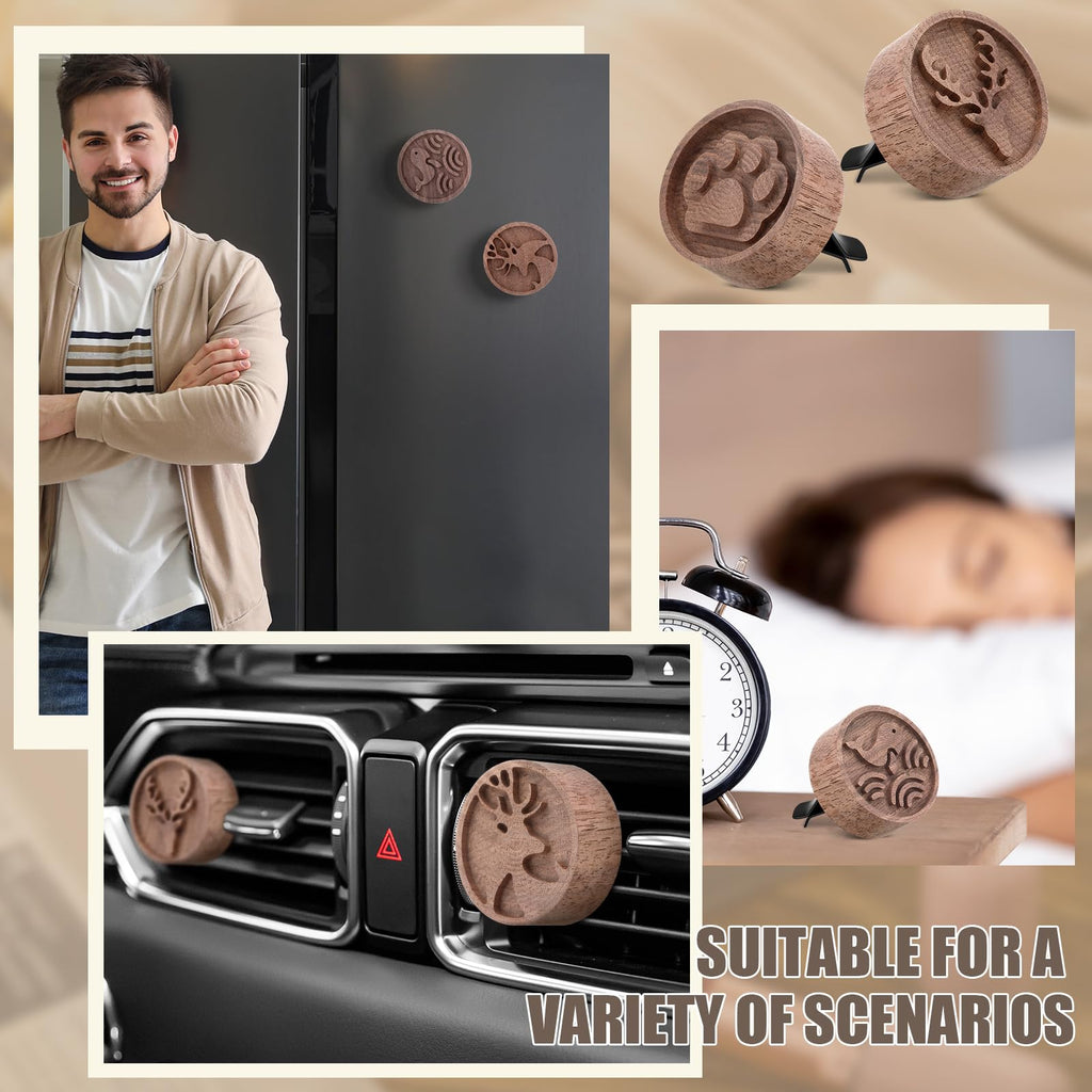 Teenyyou 4 Pcs Car Oil Diffusers Aromatherapy Passive Essential Oil Diffuser with Vent Clip Walnut Wood Round Air Freshener Port