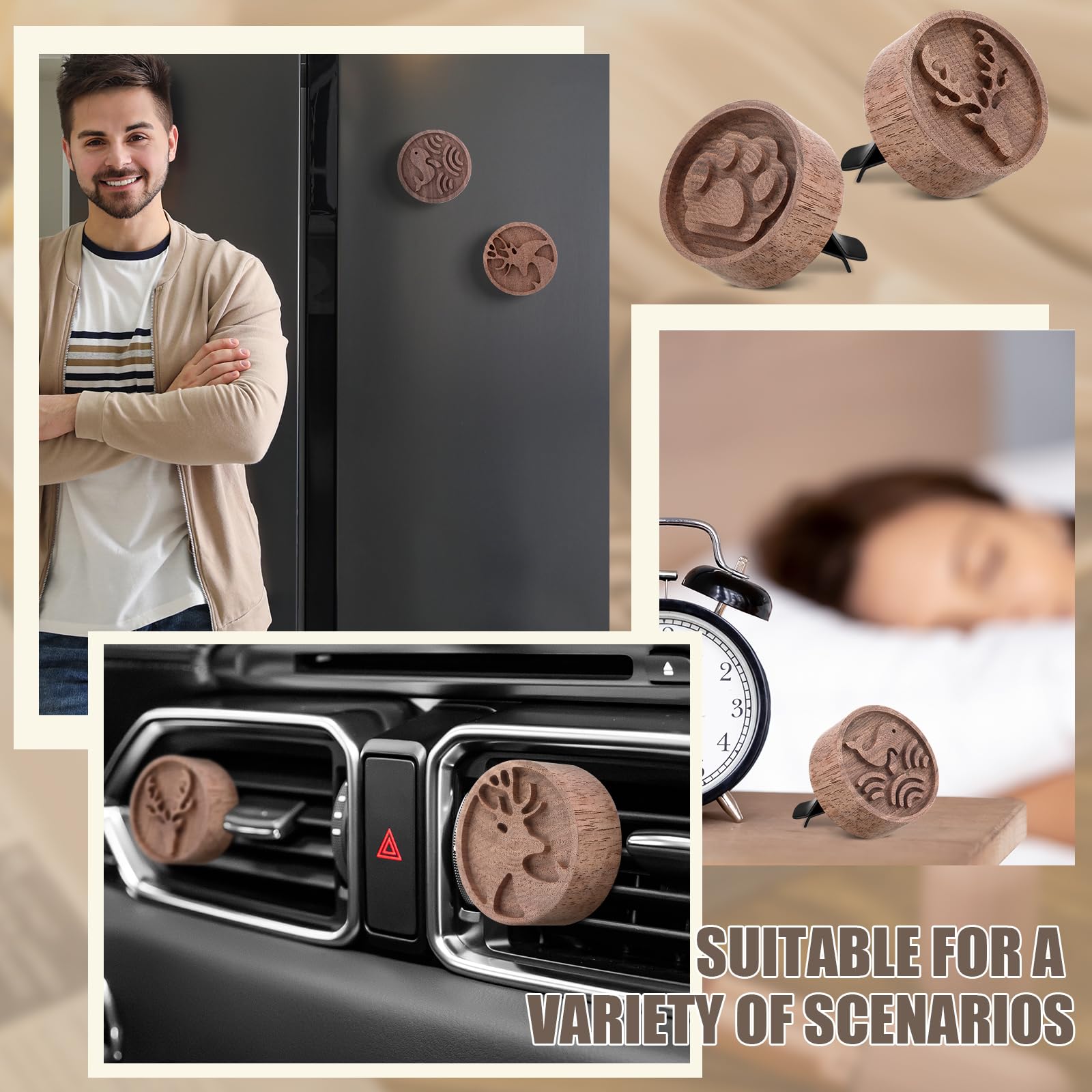 Teenyyou 4 Pcs Car Oil Diffusers Aromatherapy Passive Essential Oil Diffuser with Vent Clip Walnut Wood Round Air Freshener Port