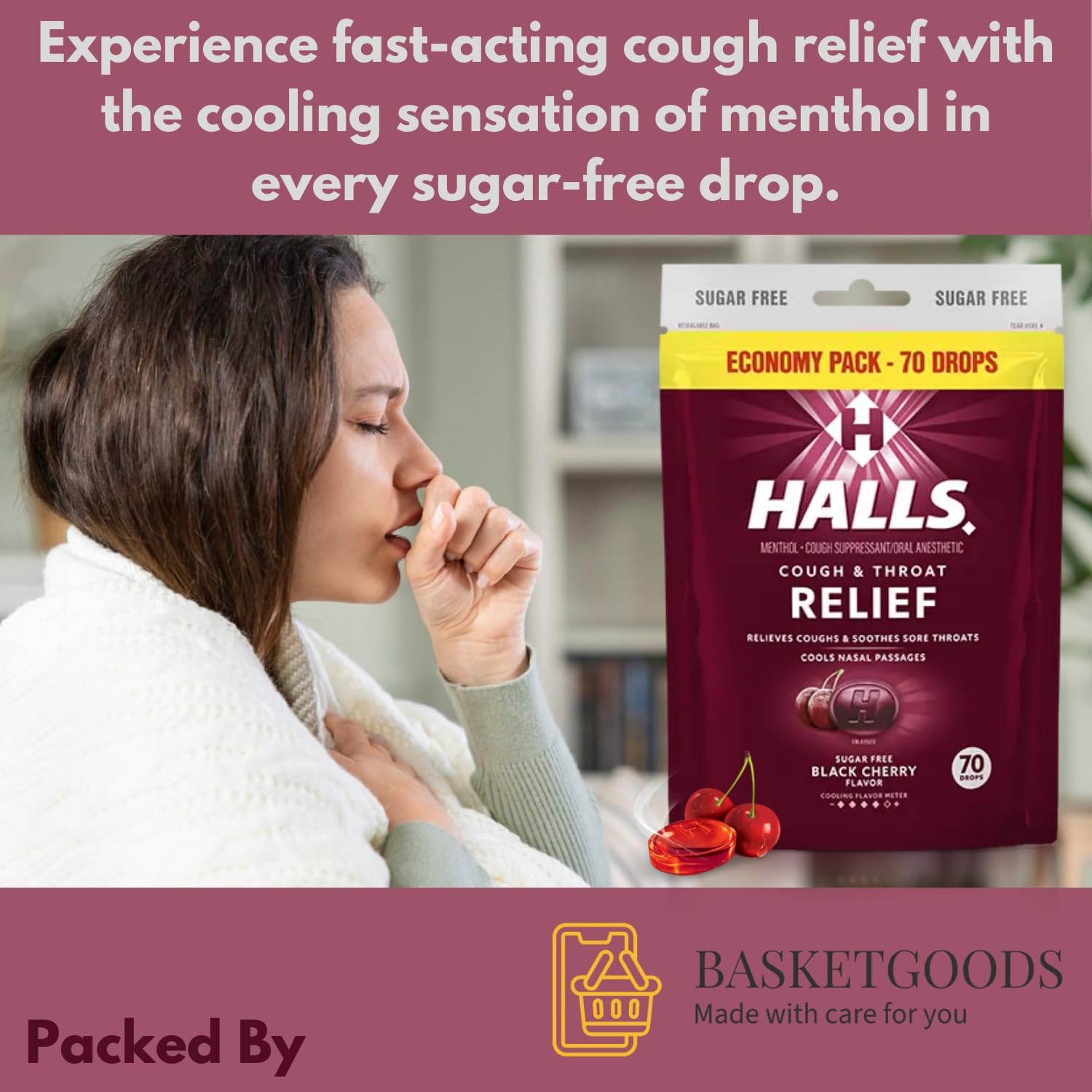 BASKETGOODS Sugar Free Black Cherry - Relief Cough Drops, Sugar Free Cough Drops, Economy Pack 70 Drops (1 Pack), Set with Baske