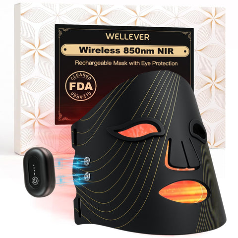 WELLEVER Red Light Therapy Mask for Face, Wireless Led Face Mask Light Therapy with 850nm Near-Infrared, 4 Modes Rechargeable Le