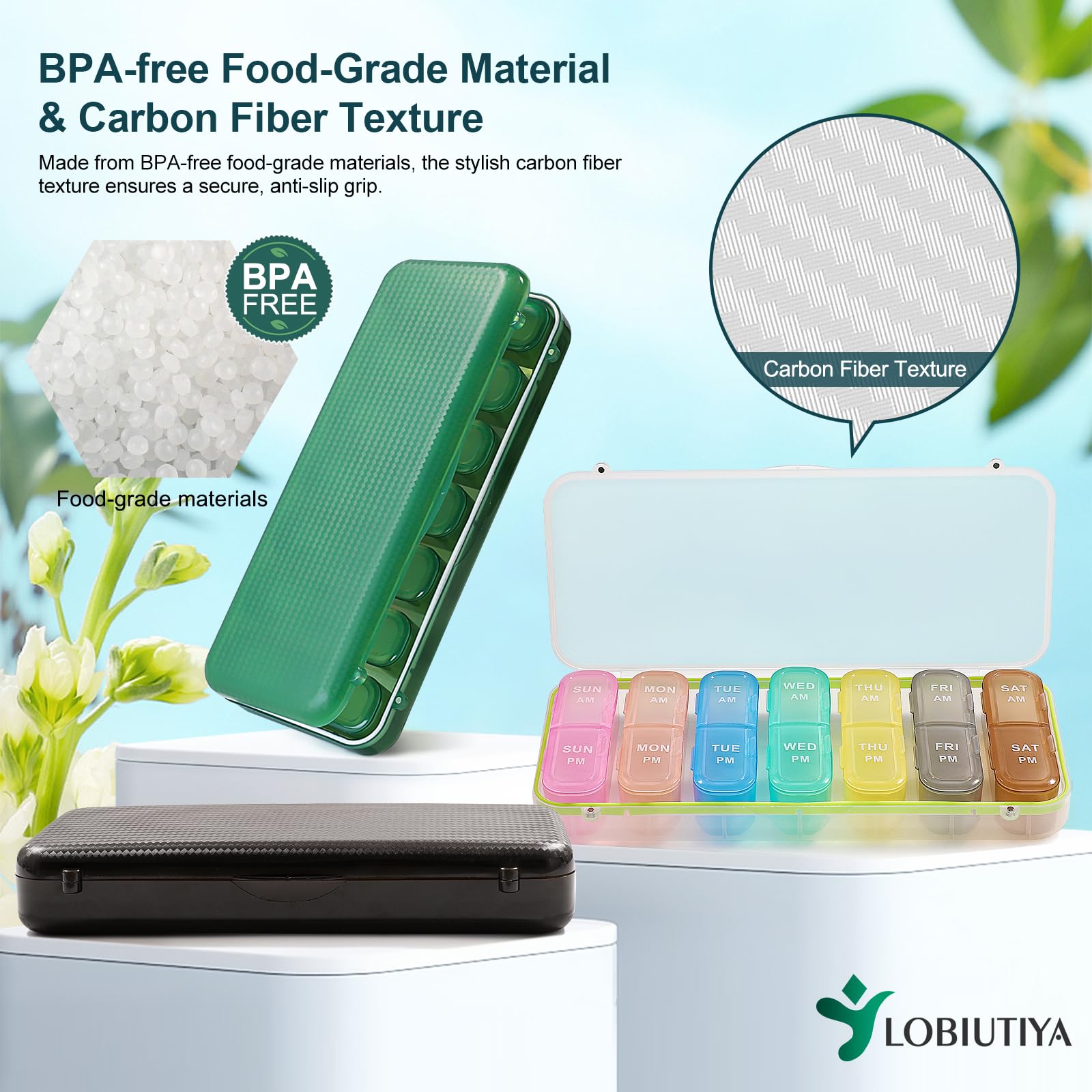 LOBIUTIYA Weekly Pill Organizer 2 Times a Day + 2 Detachable AM PM Travel Kits for Vitamin, Medicine, Supplement, Fish Oil - Whi