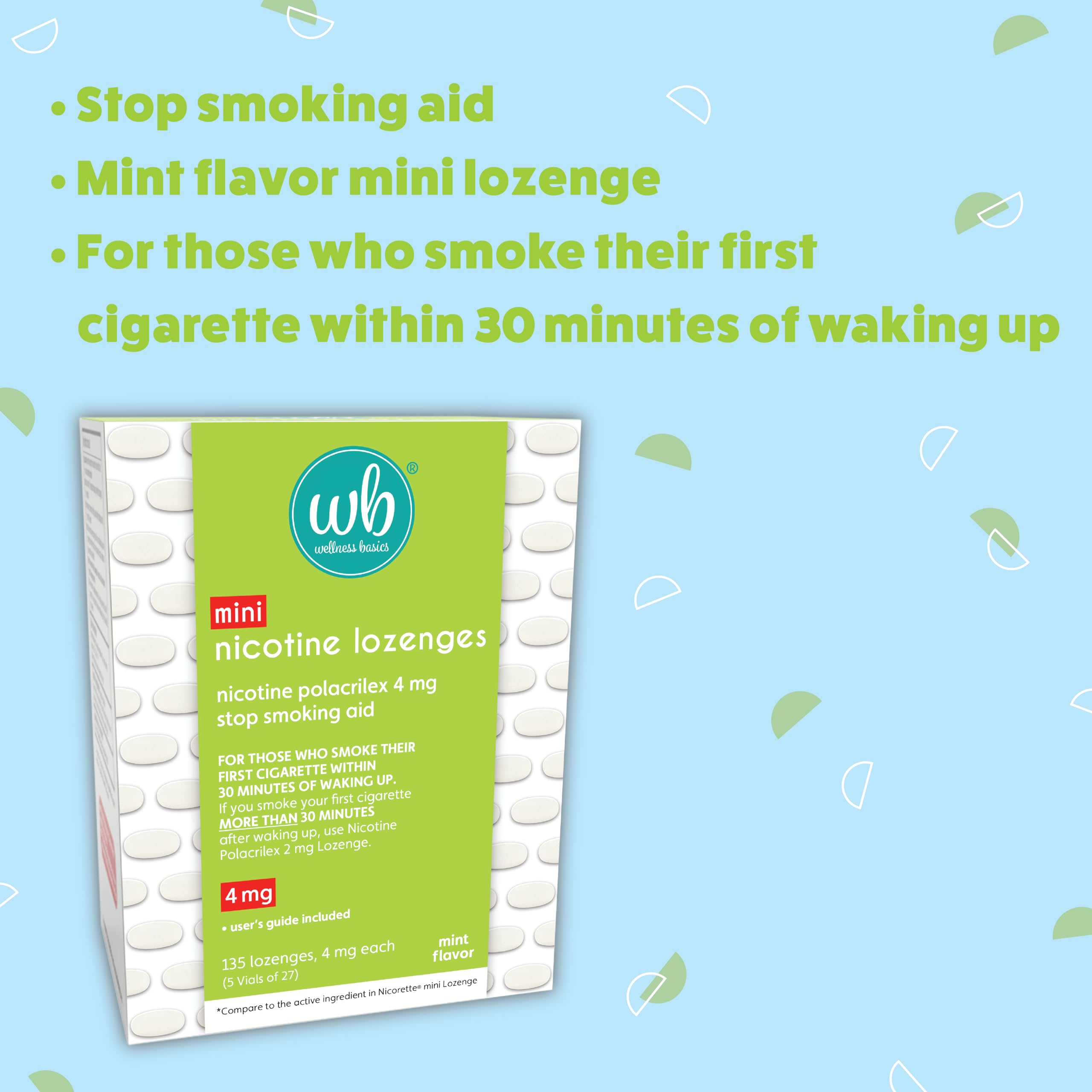 Wellness Basics Mini Nicotine Lozenge 4mg | Stop Smoking Aid | Mint Flavor | 135 Count | Pack of 5 Vials | Reduces Cravings & Wi
