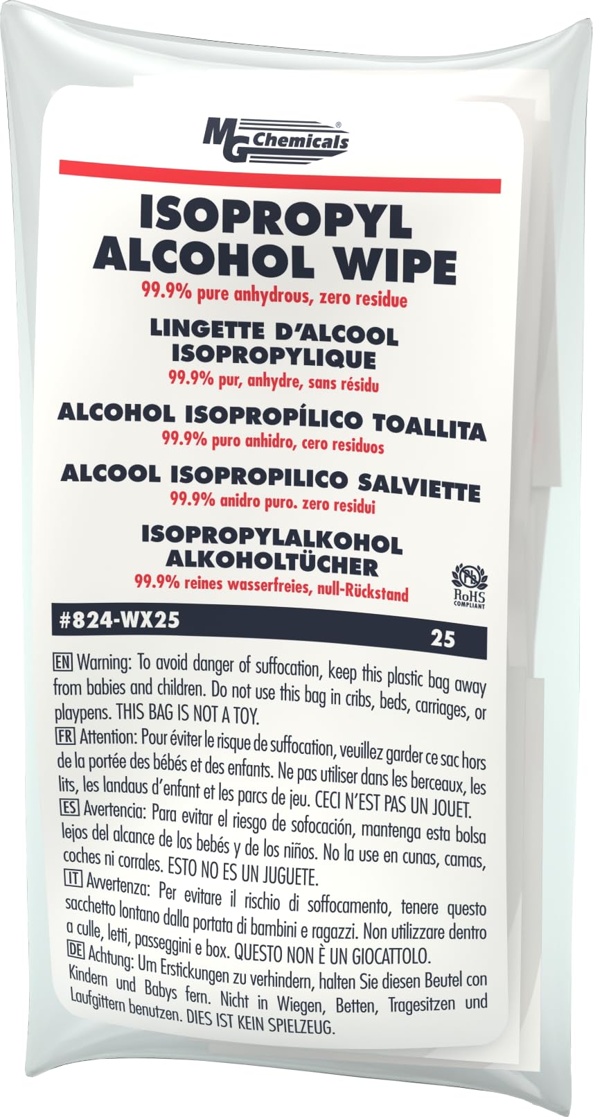 MG Chemicals 99.9% Isopropyl Alcohol Wipe, 6 Length x 5 Width (Bag of 25) (824-WX25)