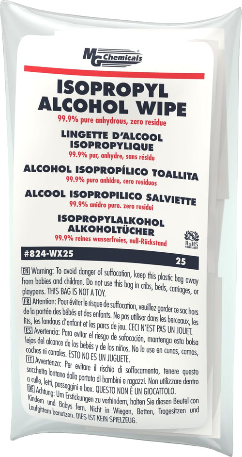 MG Chemicals 99.9% Isopropyl Alcohol Wipe, 6 Length x 5 Width (Bag of 25) (824-WX25)