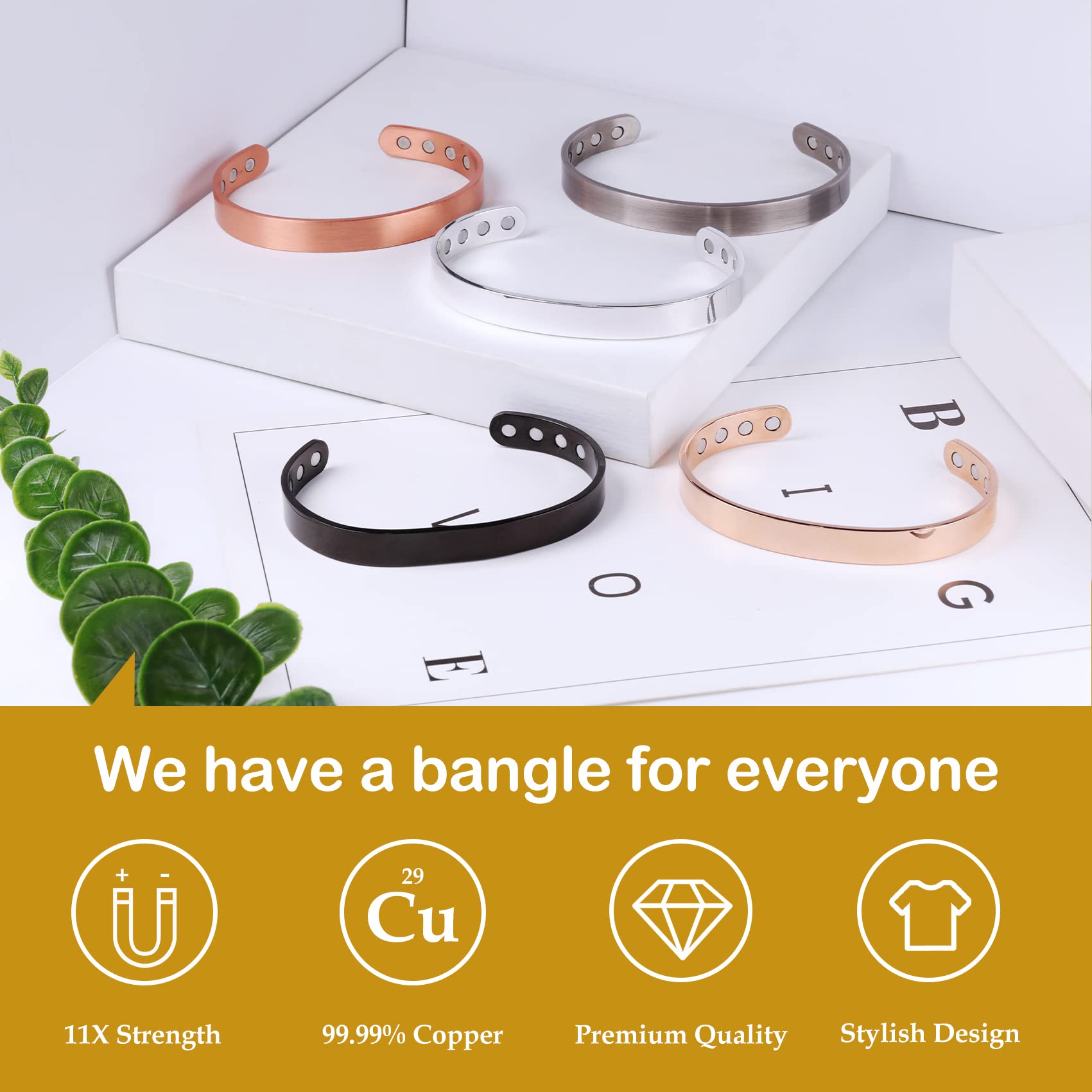 Feraco 2 Pcs Copper Magnetic Bracelet for Women Men,Sleek Magnetic Bracelet with 99.9% Pure Copper,Cuff Bangle with Gift Box,Gif