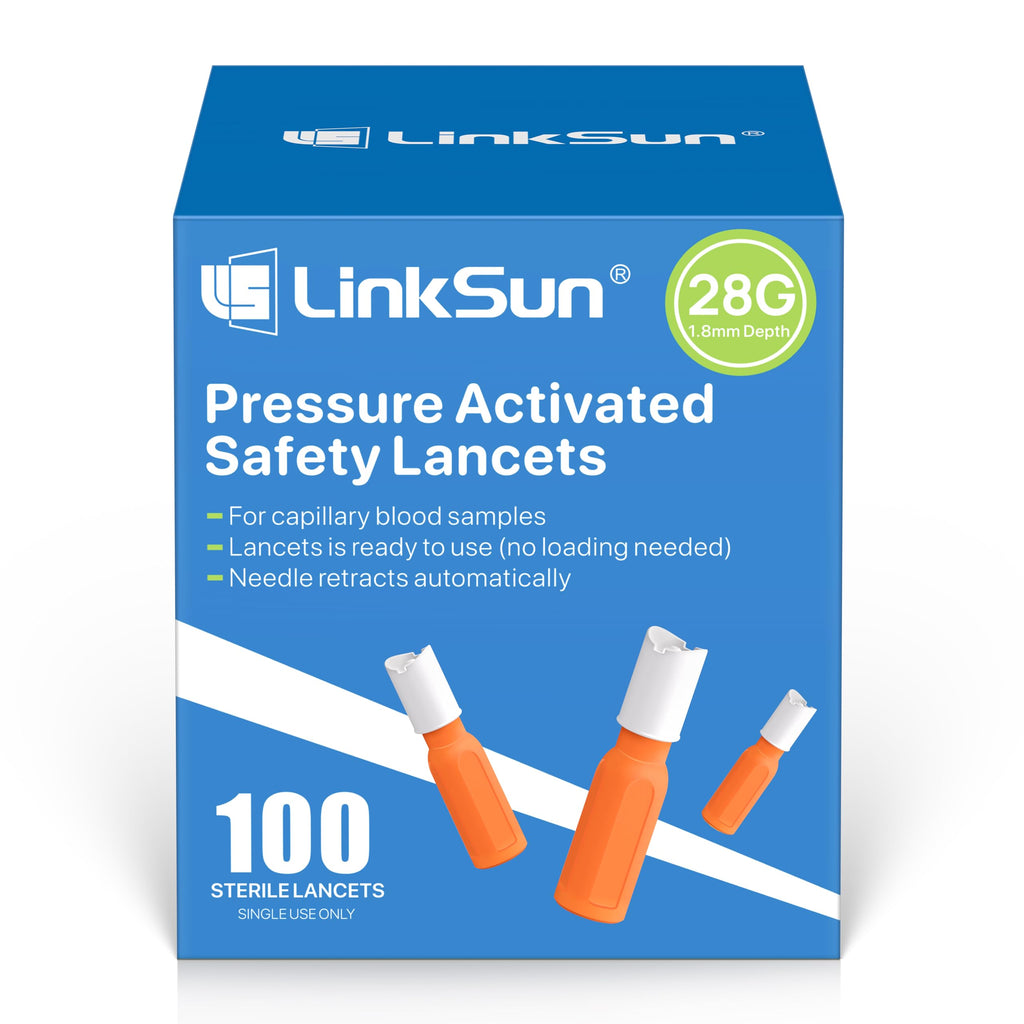 LinkSun Safety Lancet, Retractable, Push Activation, Ideal for Blood Testing - Sterile, Single Use, 28G, 1.8mm Depth, 100 Count