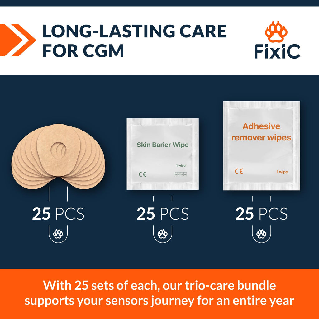 Fixic Trio-Care Bundle 75 PCS - 25 G7 Adhesive Patches, 25 Skin Barrier Wipes, 25 Adhesive Remover Wipes - an Ultimate Solution