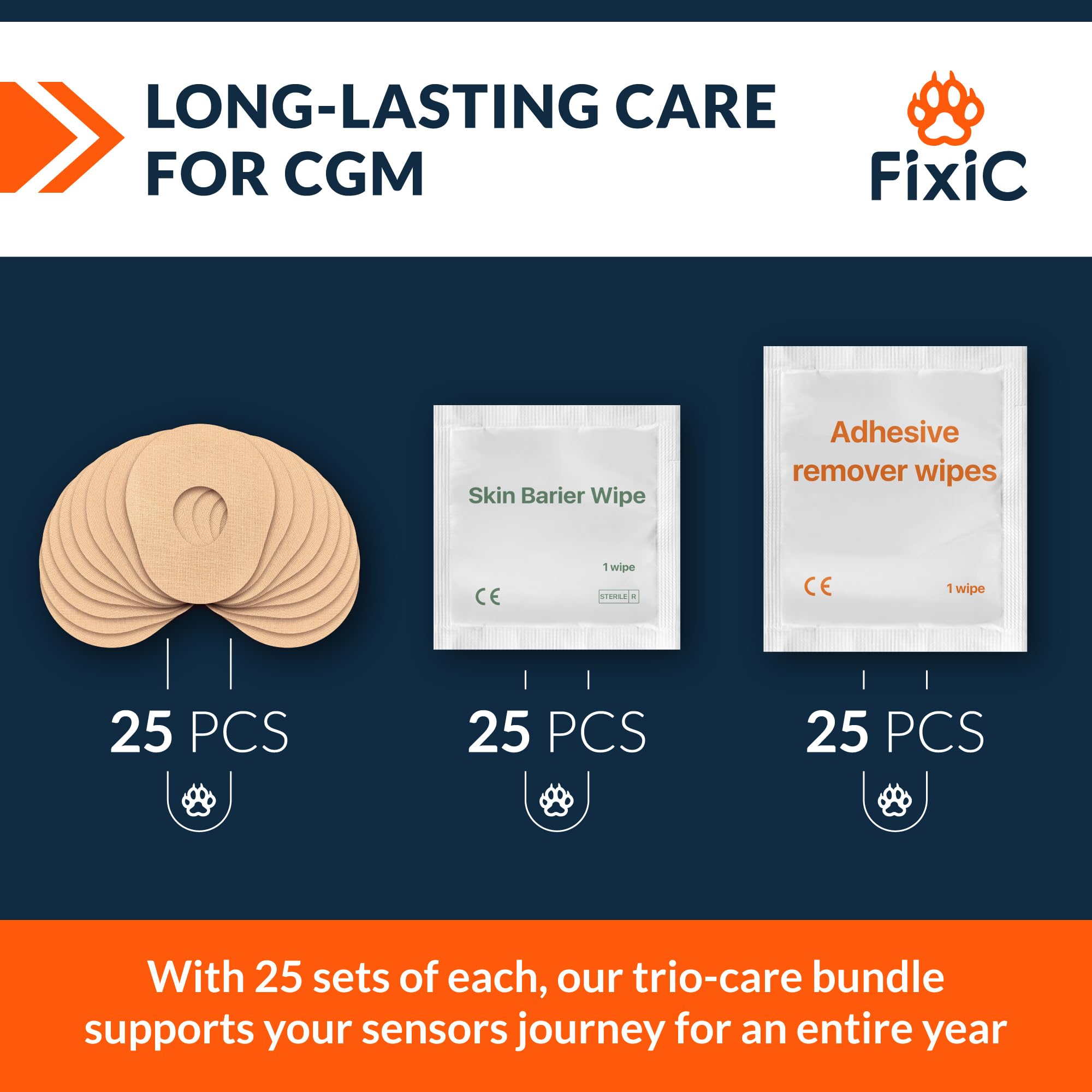 Fixic Trio-Care Bundle 75 PCS - 25 G7 Adhesive Patches, 25 Skin Barrier Wipes, 25 Adhesive Remover Wipes - an Ultimate Solution