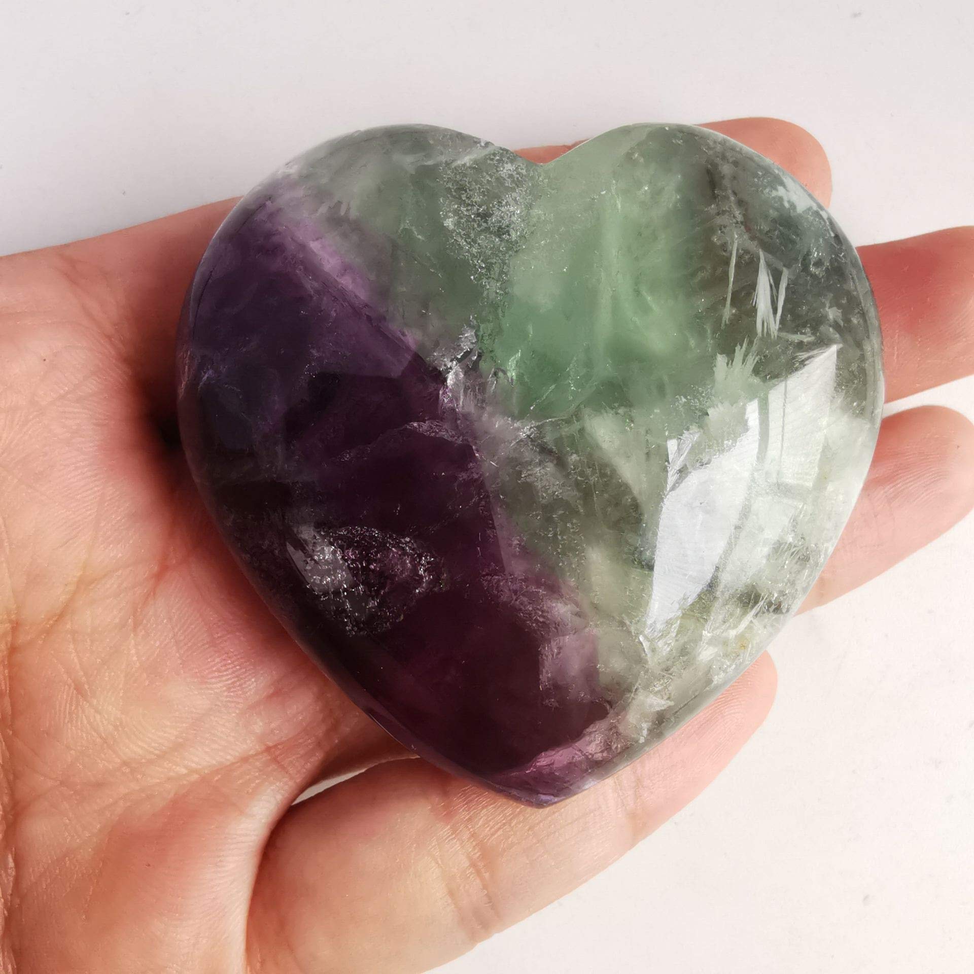 Loveliome Natural Fluorite Heart Love Chakra Stone,Polished Palm Crystals and Healing Stone (2.17 Inch)