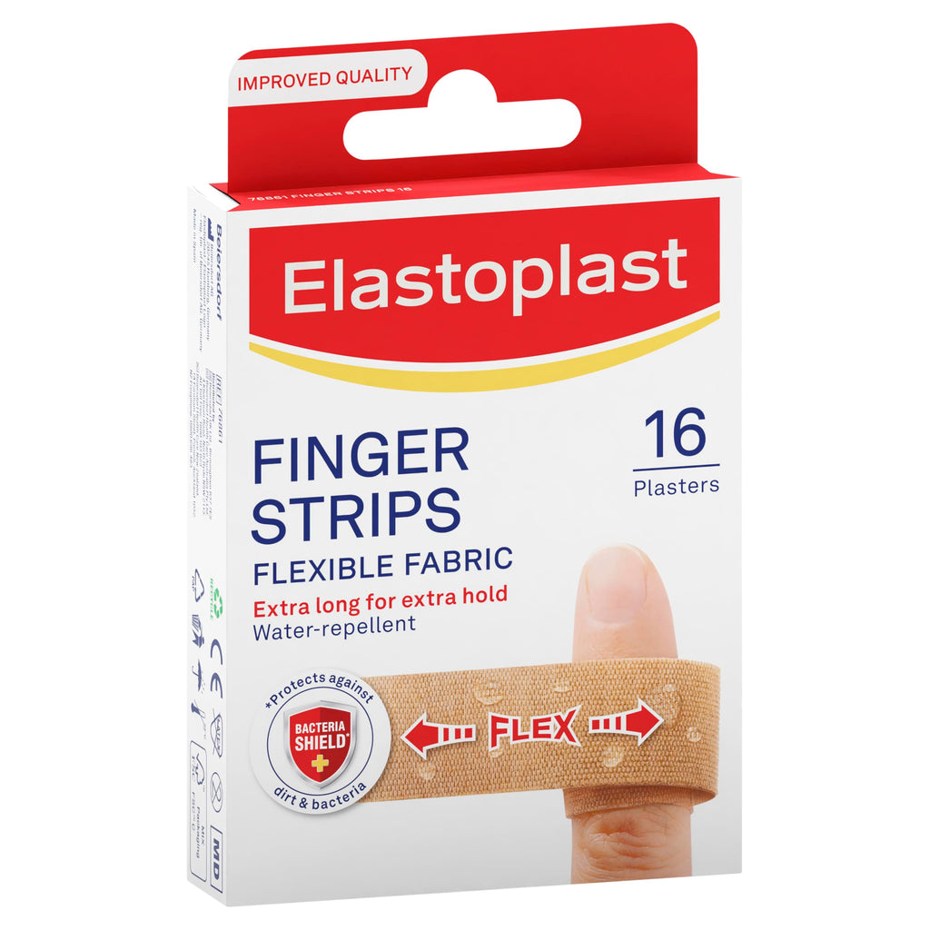 Elastoplast Extra Flexible Finger Strip Plasters (16 Pieces), Flexible and Durable Plasters for Fingers, Stretchy Fabric Plaster