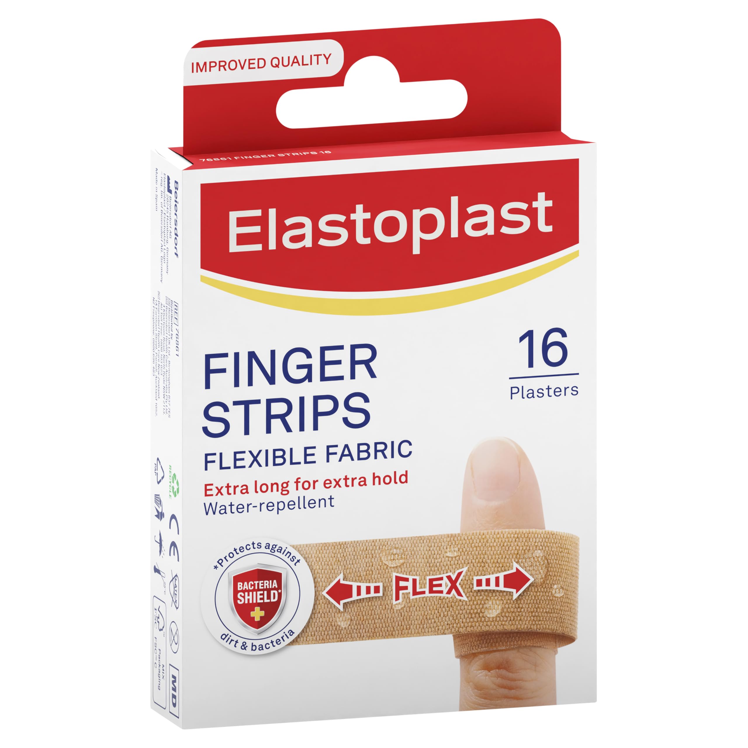 Elastoplast Extra Flexible Finger Strip Plasters (16 Pieces), Flexible and Durable Plasters for Fingers, Stretchy Fabric Plaster