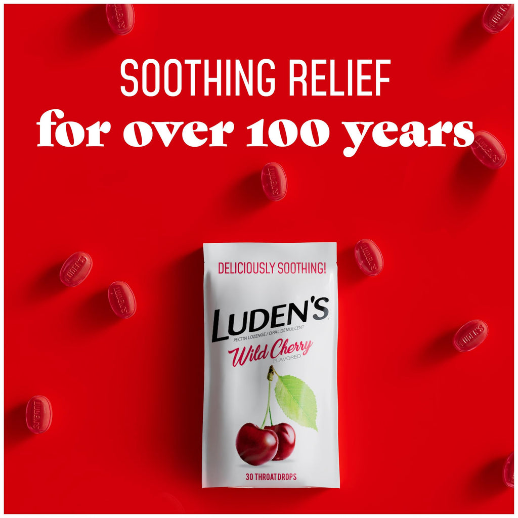 Luden s Sore Throat Drops, For Minor Sore Throat Relief, Wild Cherry, 30 Count, 12 Pk