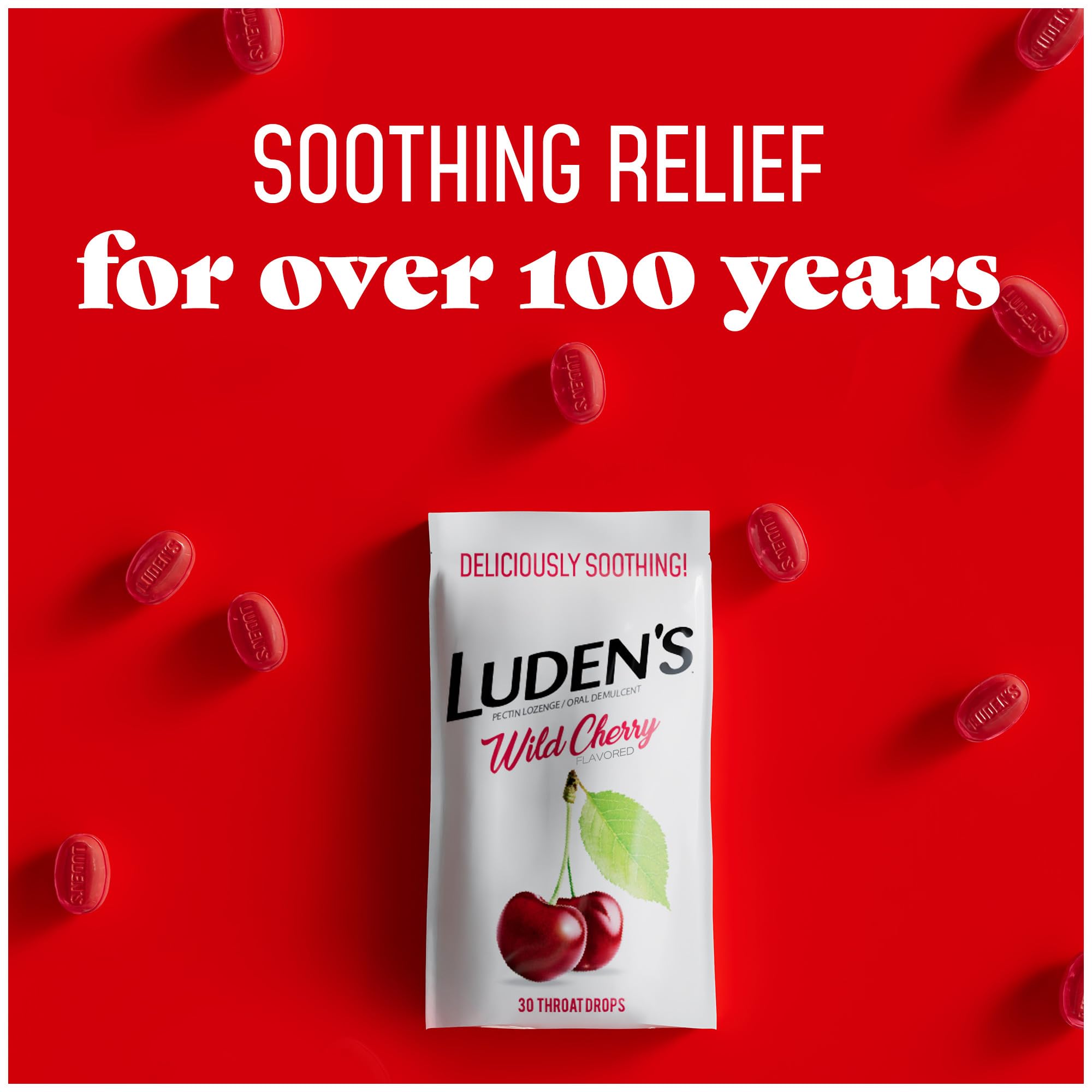 Luden s Sore Throat Drops, For Minor Sore Throat Relief, Wild Cherry, 30 Count, 12 Pk