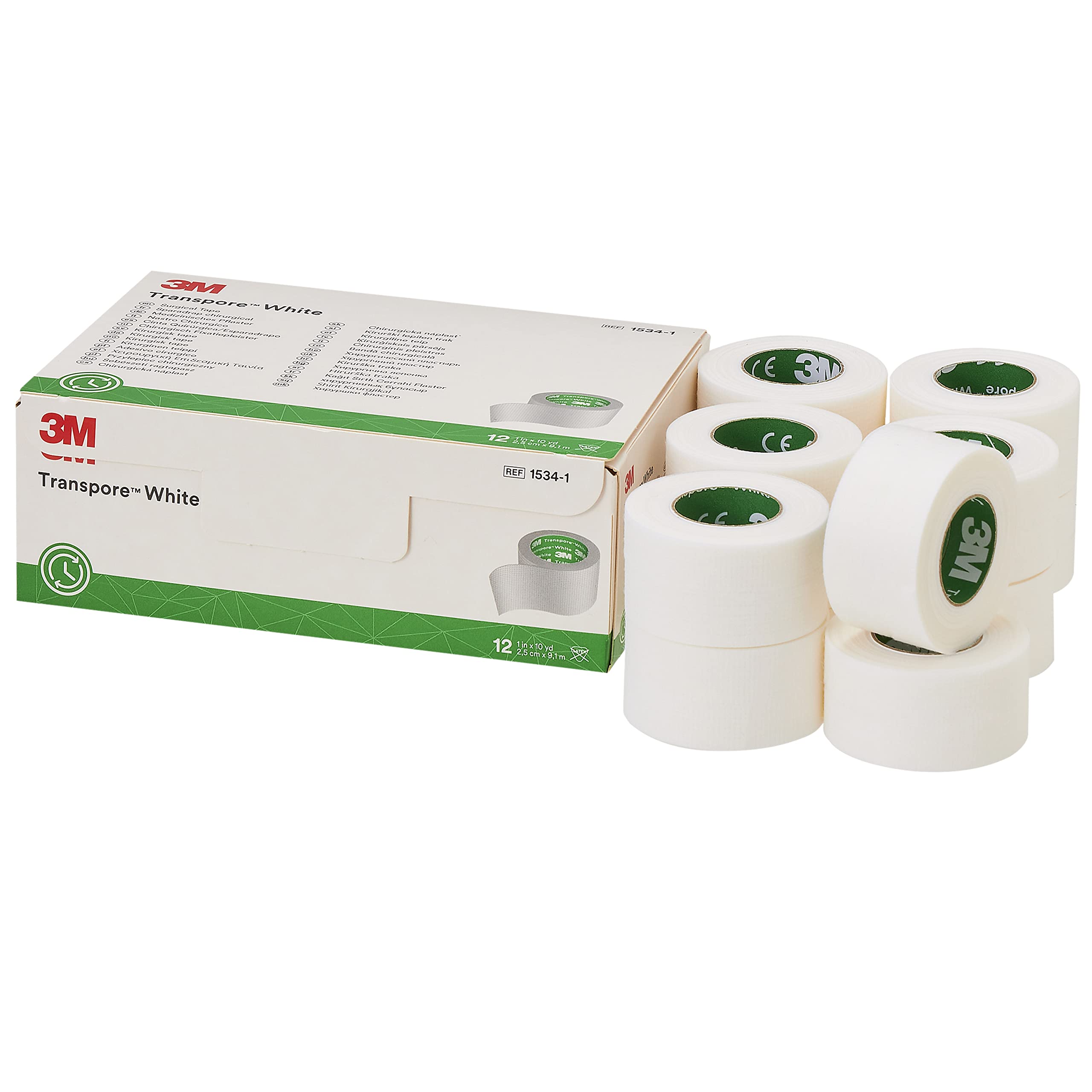 3M Transpore White Surgical Tape 1534-1, 1 inch x 10 yard (2,5cm x 9,1m), 12 Rolls/Carton 10 Cartons/Case