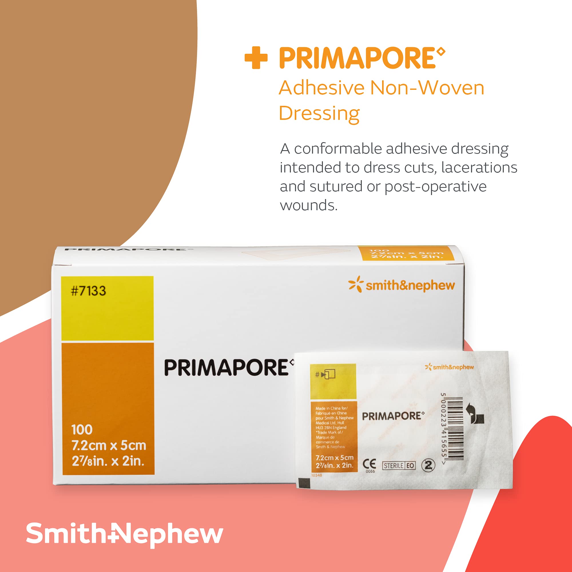 Smith & Nephew 7133 PRIMAPORE Peripheral IV Adhesive Dressing, Adhesive Non-Woven Island Dressing, Pack of 100