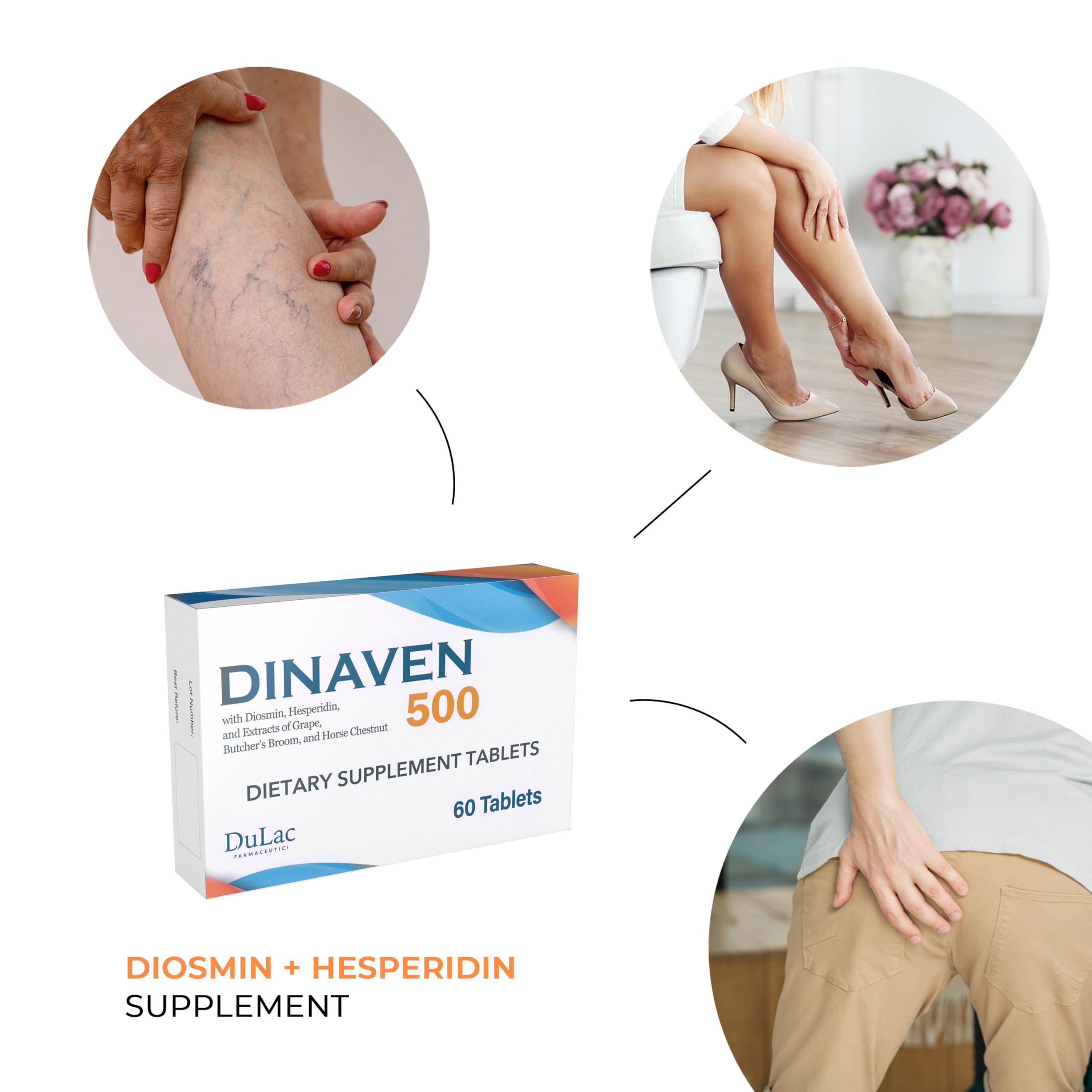 Dulc - Dinaven 500, Diosmin Hesperidin 500mg Dietary Supplement 60 Tablets, Enriched with Butchers Broom, Horse Chestnut Extrac