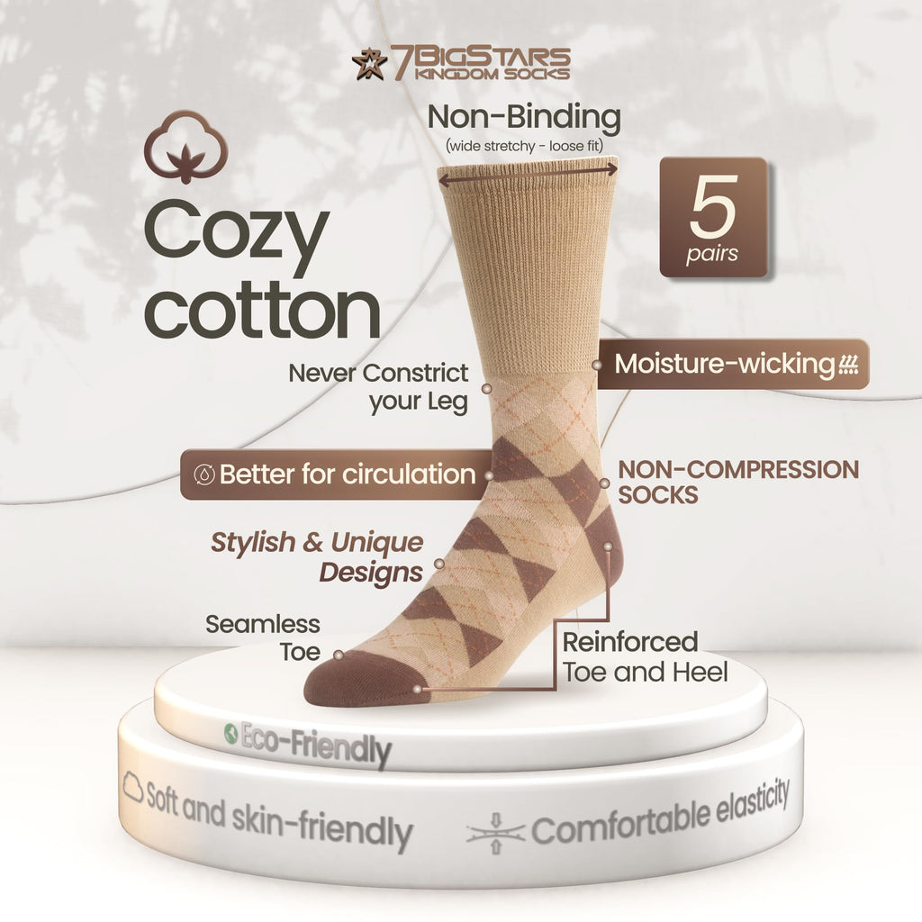 7BigStars Men's Diabetic Non-Binding Cotton Crew Socks - 5 Pack Big Tall - Stripe Pattern - Sock Size 13-15 Shoe Size 12-15 XL L
