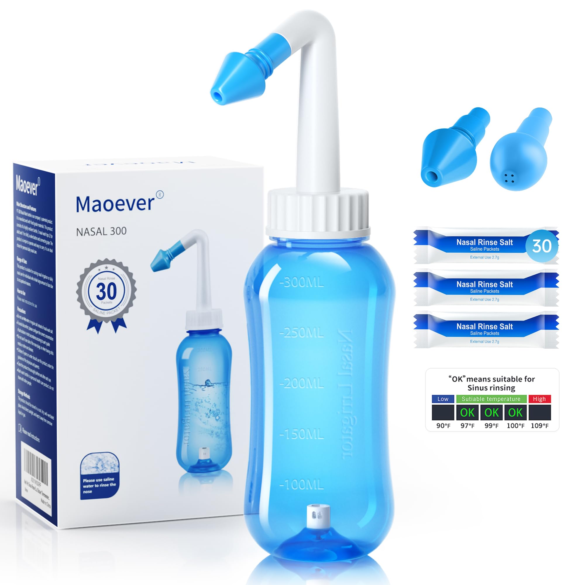 MAOEVER Neti Pot Sinus Rinse Nasal Wash 300ML Neti-Pot with 30 Nasal Wash Salt Packets and Sticker Thermometer Nose Cleaner Wash