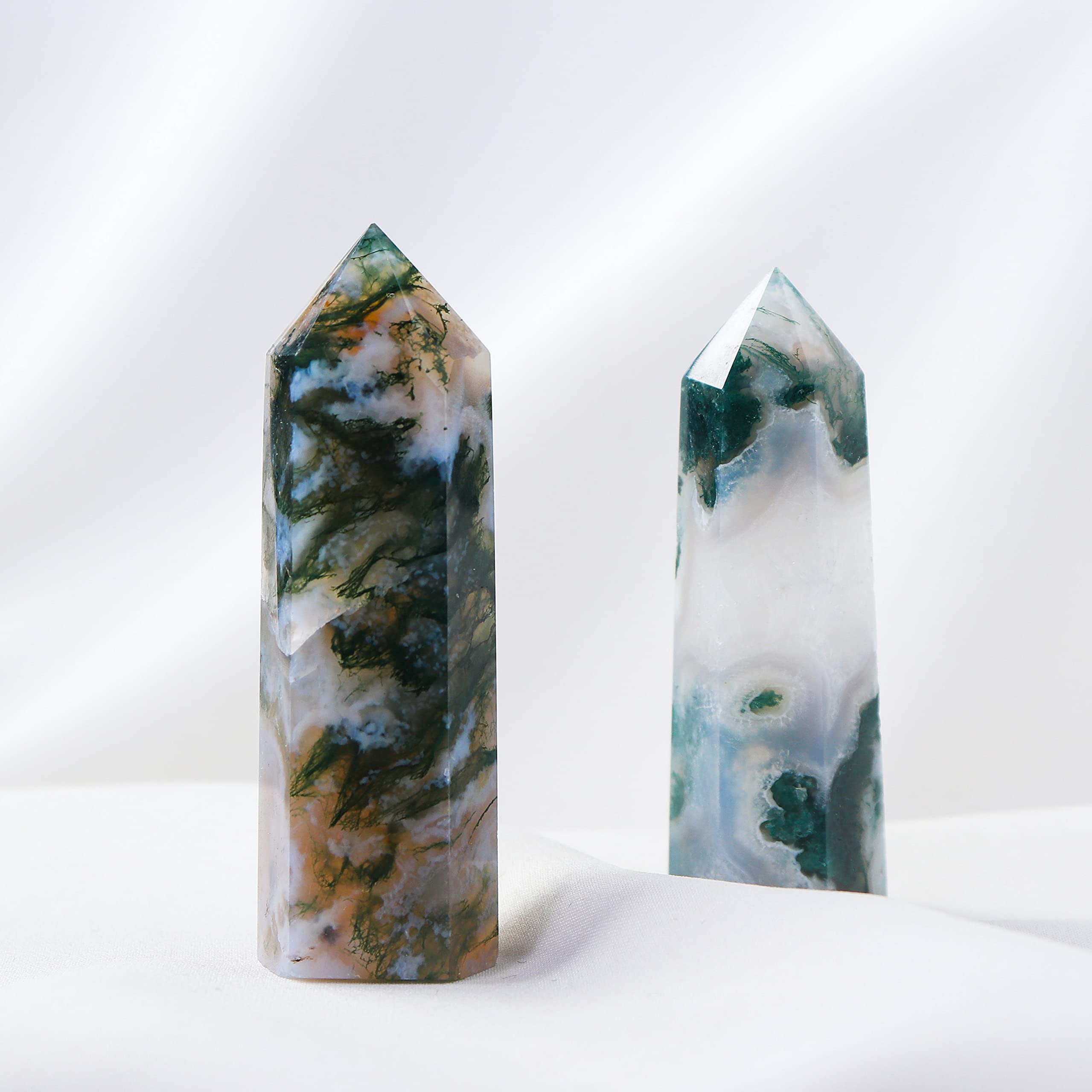 Runyangshi Natural Healing Crystals Aquatic Agate Wands 2-2.4 Moss Agate Single Point Healing Crystal Tower Green Water Plant Ag
