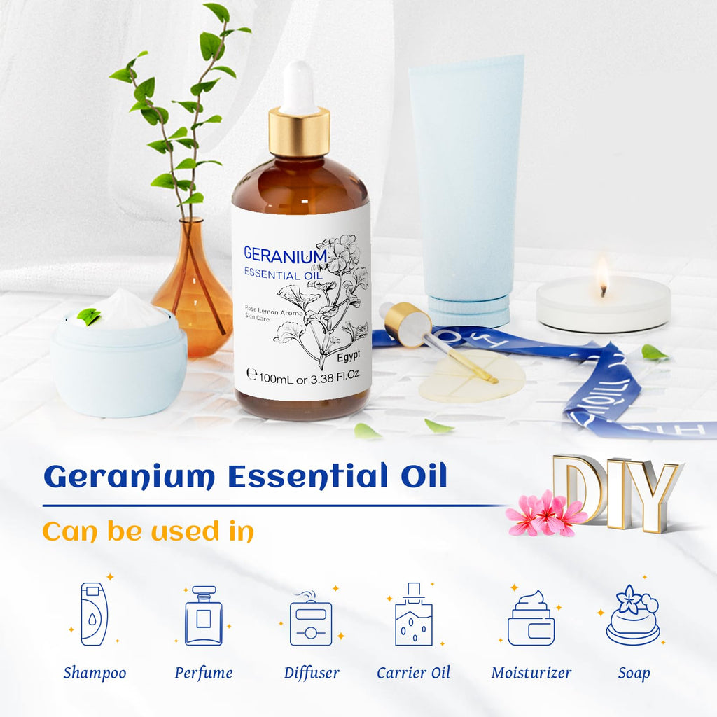HIQILI 100ML Geranium Essential Oil for Skin, Diffuser & Candle, 100% Pure and Natural - 3.38 Fl. Oz