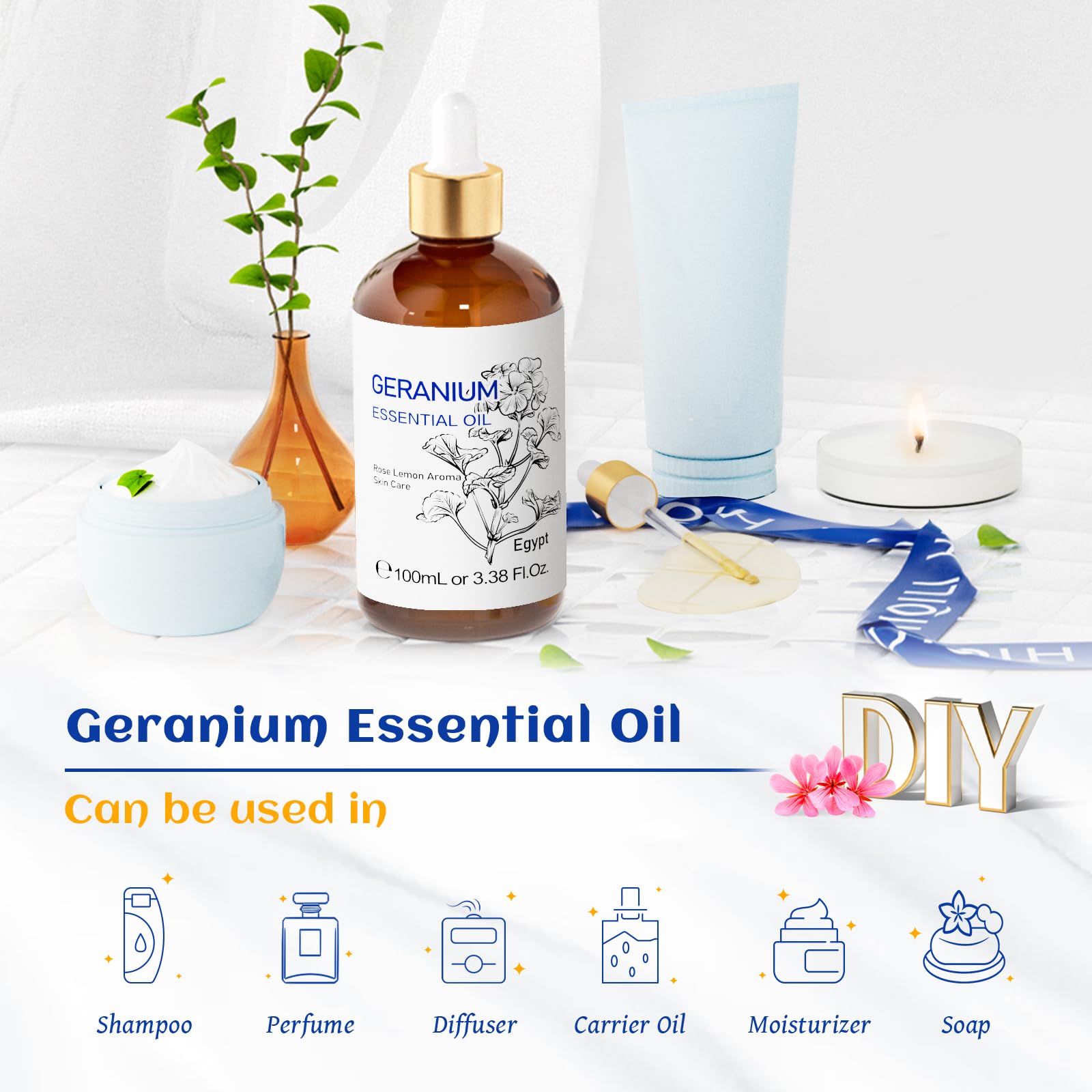 HIQILI 100ML Geranium Essential Oil for Skin, Diffuser & Candle, 100% Pure and Natural - 3.38 Fl. Oz