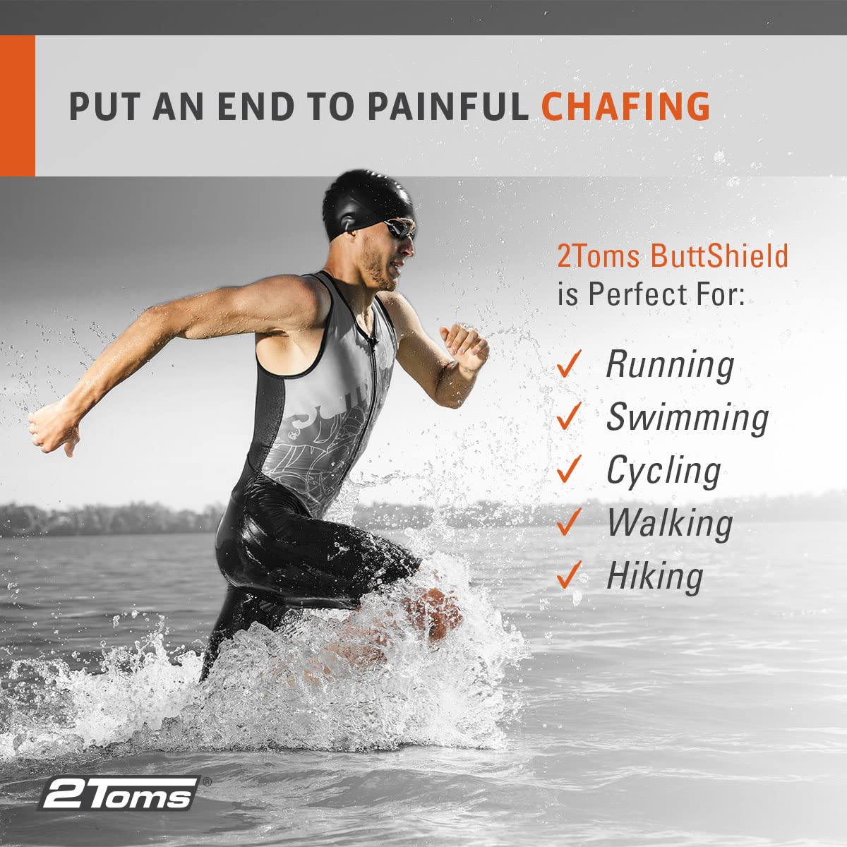 2Toms ButtShield, All-Day Anti Chafe and Blister Prevention, Waterproof and Sweatproof Protection from Saddle Sore Chafing and S