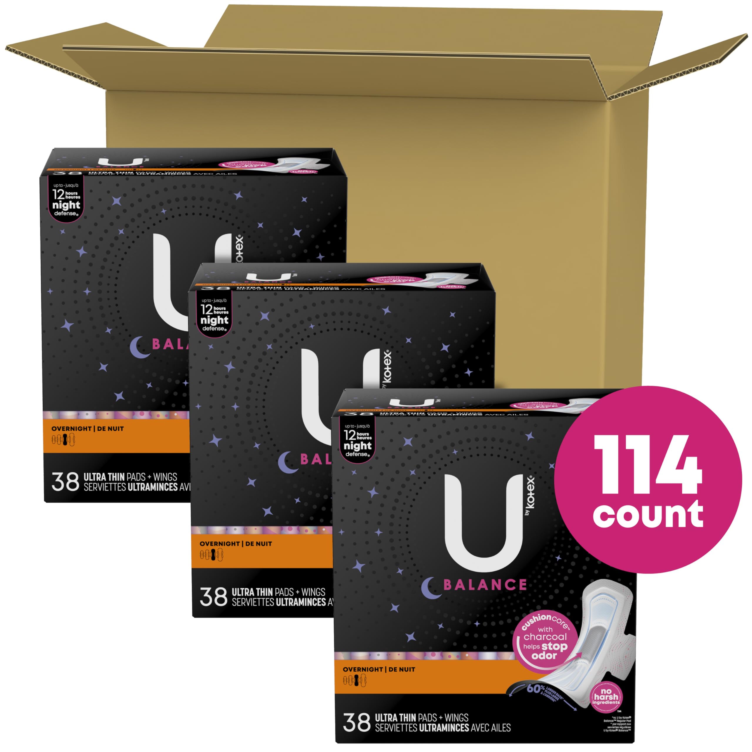 U by Kotex Balance Ultra Thin Overnight Pads with Wings, 114 Count (3 Packs of 38) (Packaging May Vary)