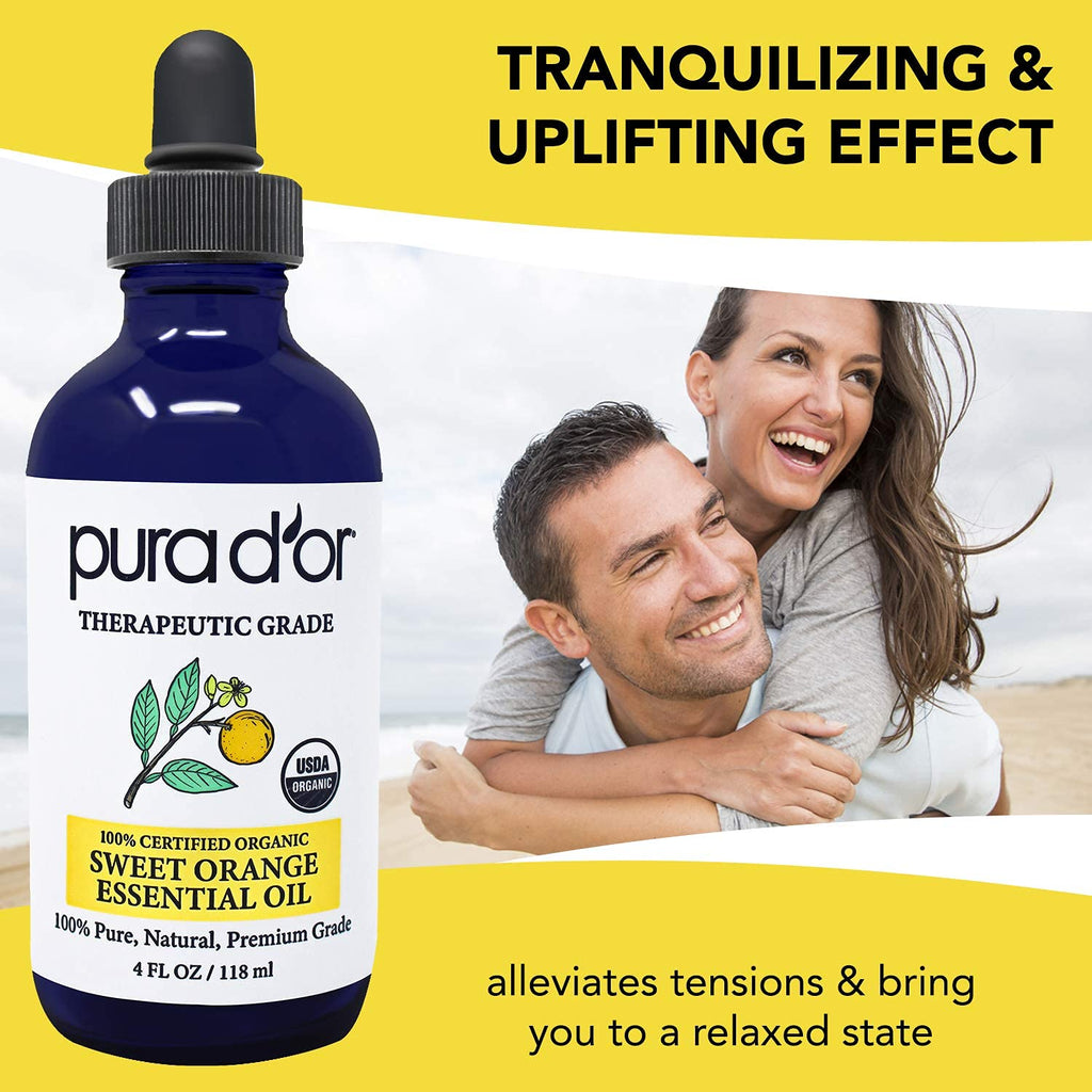 PURA DOR Organic Sweet Orange Essential Oil (4oz with Glass Dropper) 100% Pure & Natural Therapeutic Grade for Hair, Body, Skin