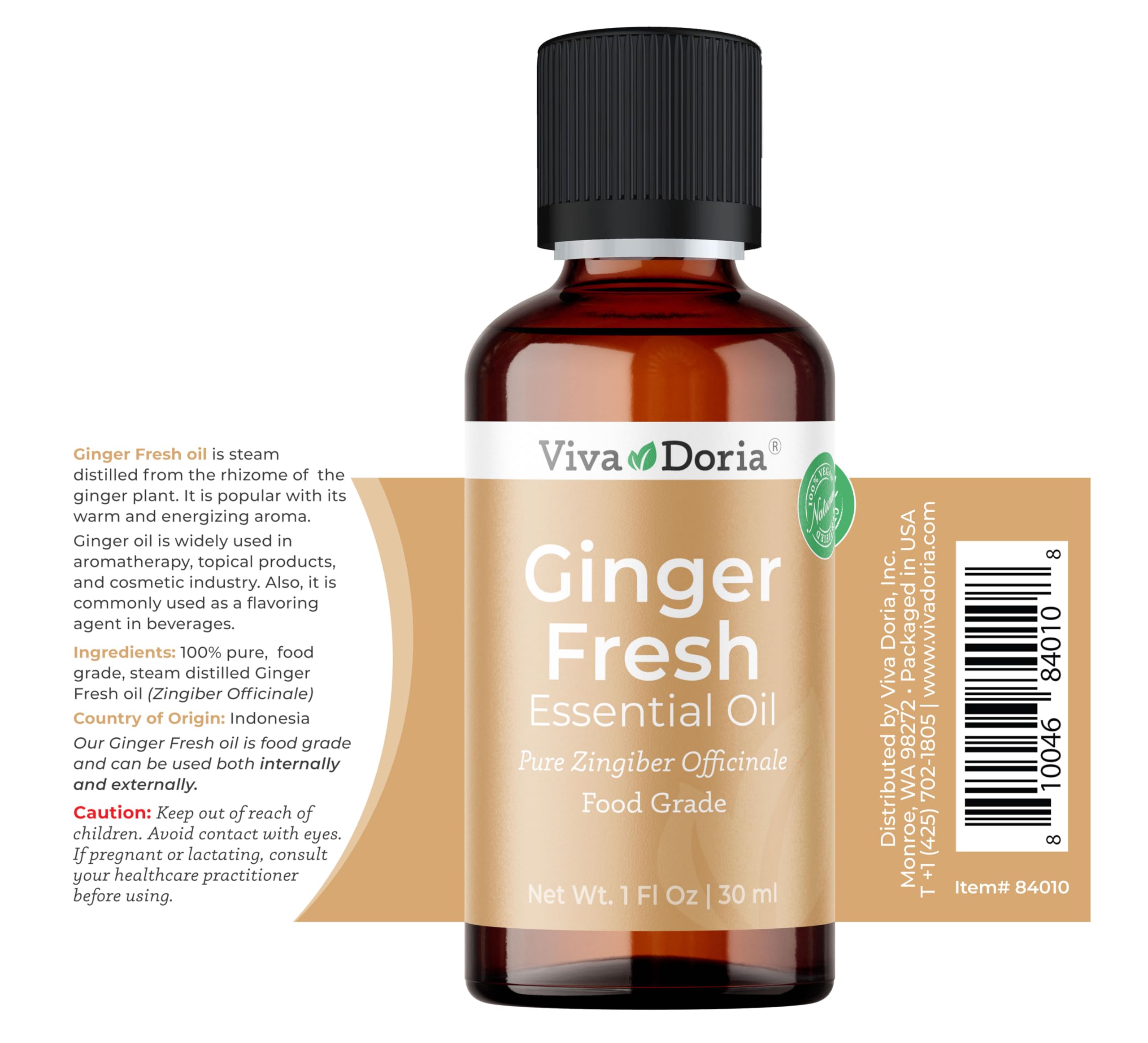 Viva Doria Ginger Essential Oil, 100% Pure Natural, Fresh Ginger Essential Oil, Undiluted, for Aromatherapy | Food Grade, 30 mL