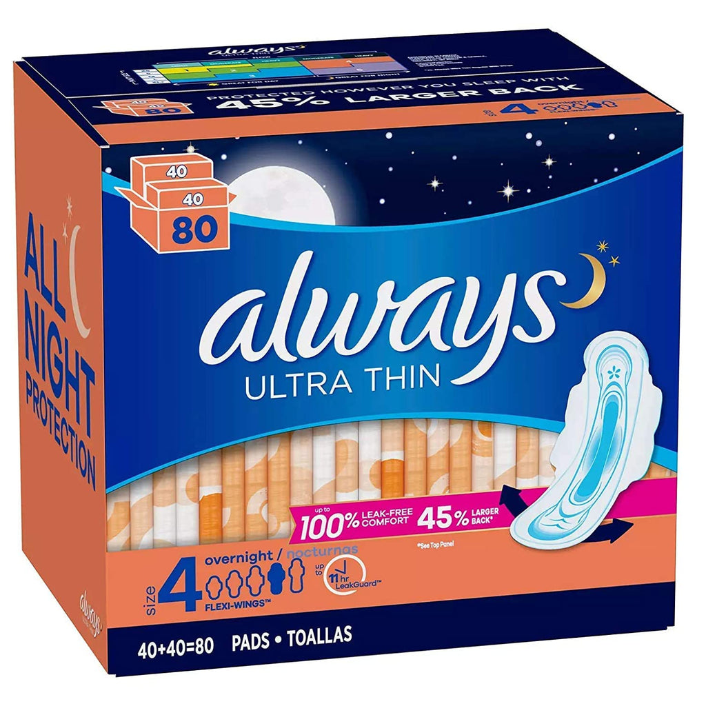 Always Always Ultra Thin Size 4 Overnight Pads with Wings Unscented 80 Ct.
