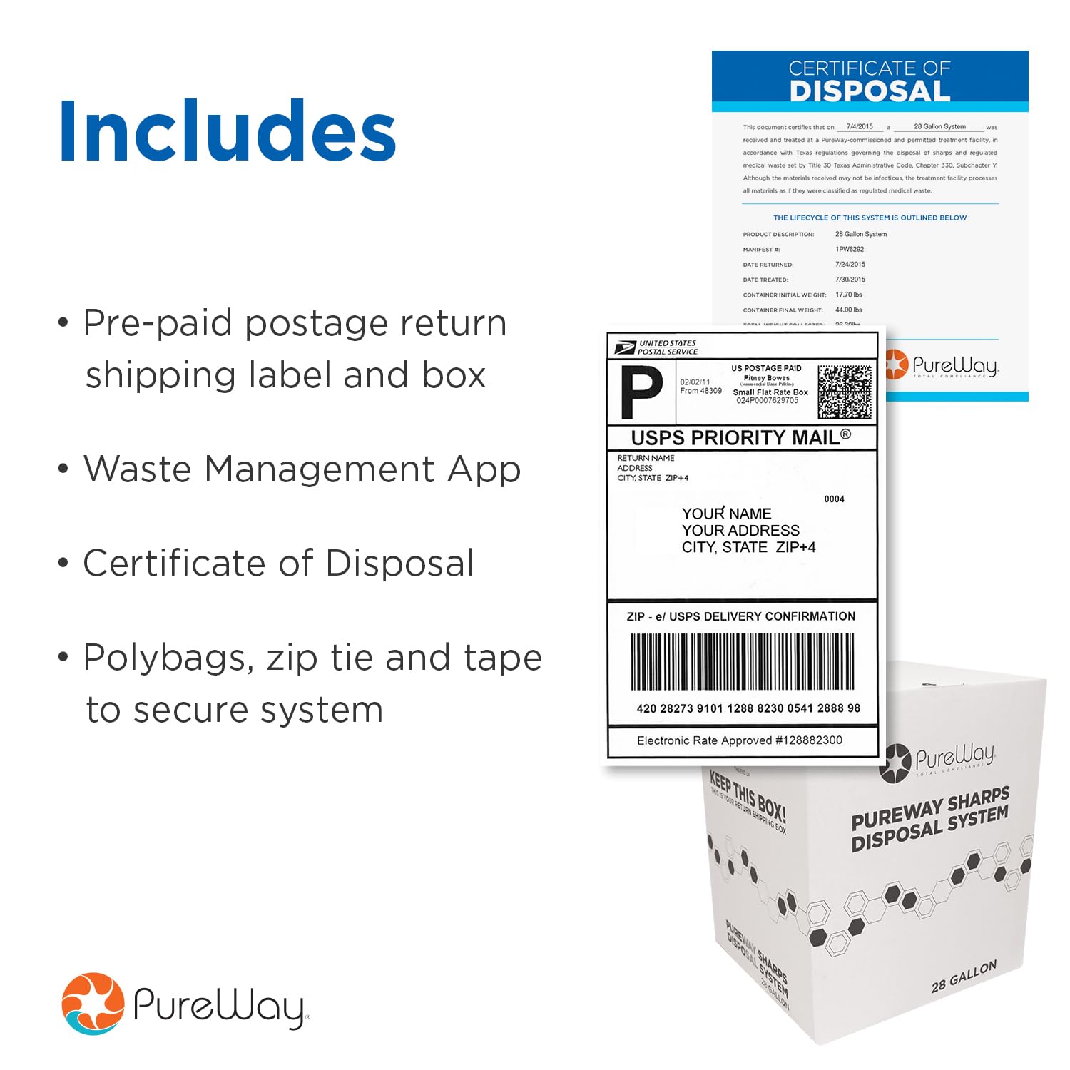 MailBack 8 Gallon PureWay Sharps Container Disposal System - [PrePaid Return Label Included] for Home, Travel, Professional, and