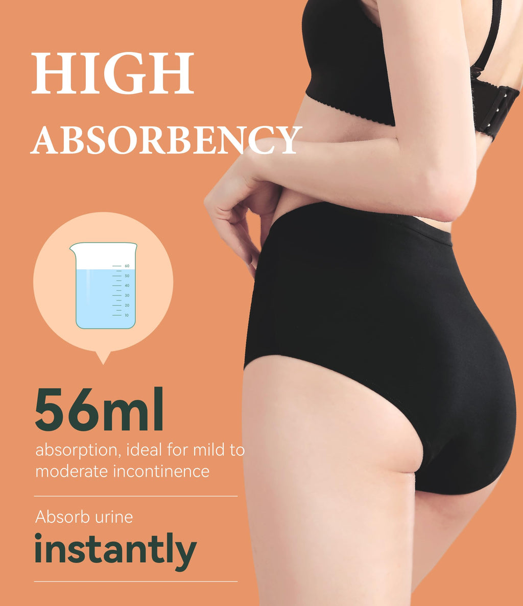 IRISMORII Urinary Incontinence Postpartum Underwear for Women Washable Leak Proof Odor Control 56ml Absorbency Brief 1 Pack (Bla