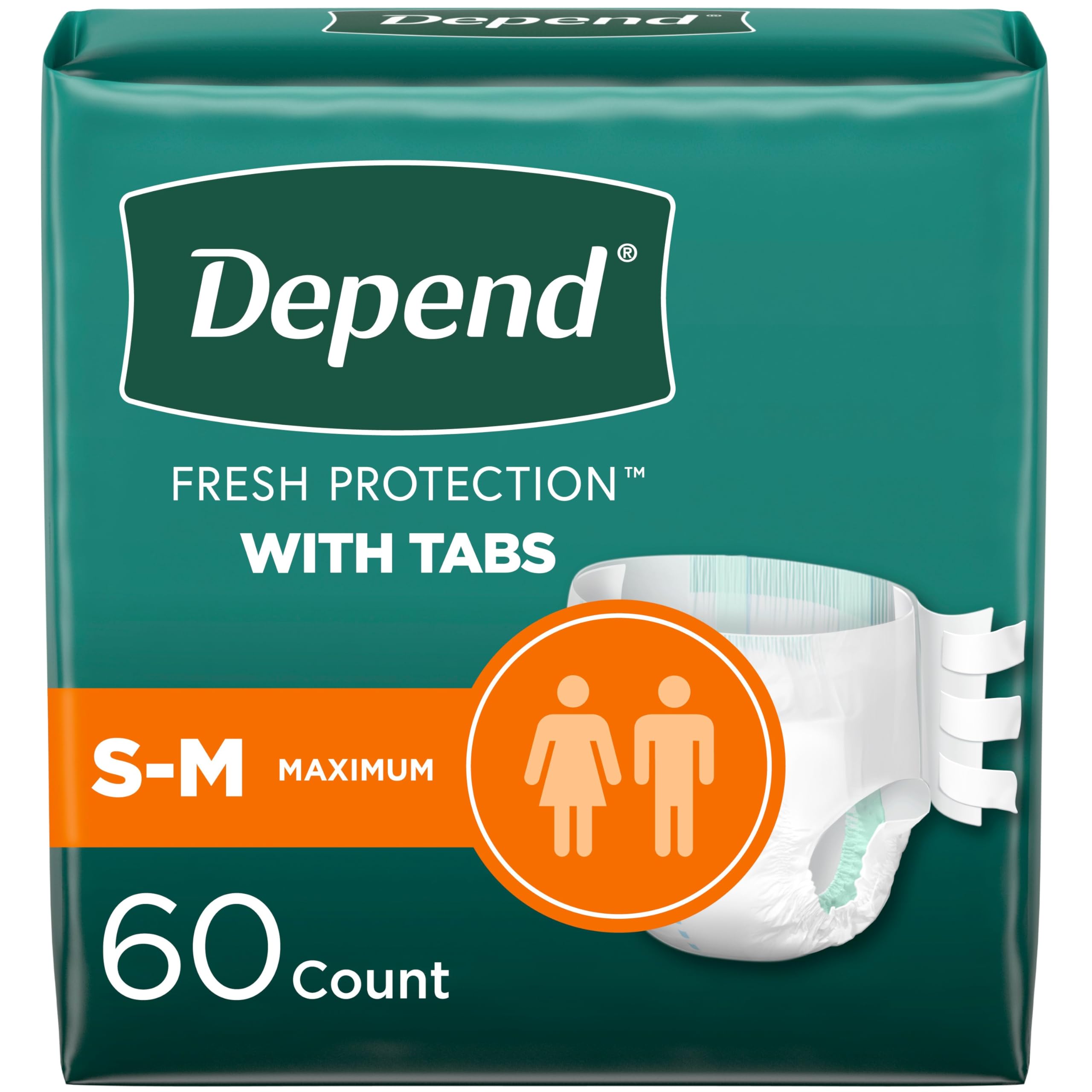 Depend Incontinence Protection with Tabs, Unisex, Small/Medium (19-34 Waist, Up To 170 lbs), Maximum Absorbency, 60 Count (3 Pac