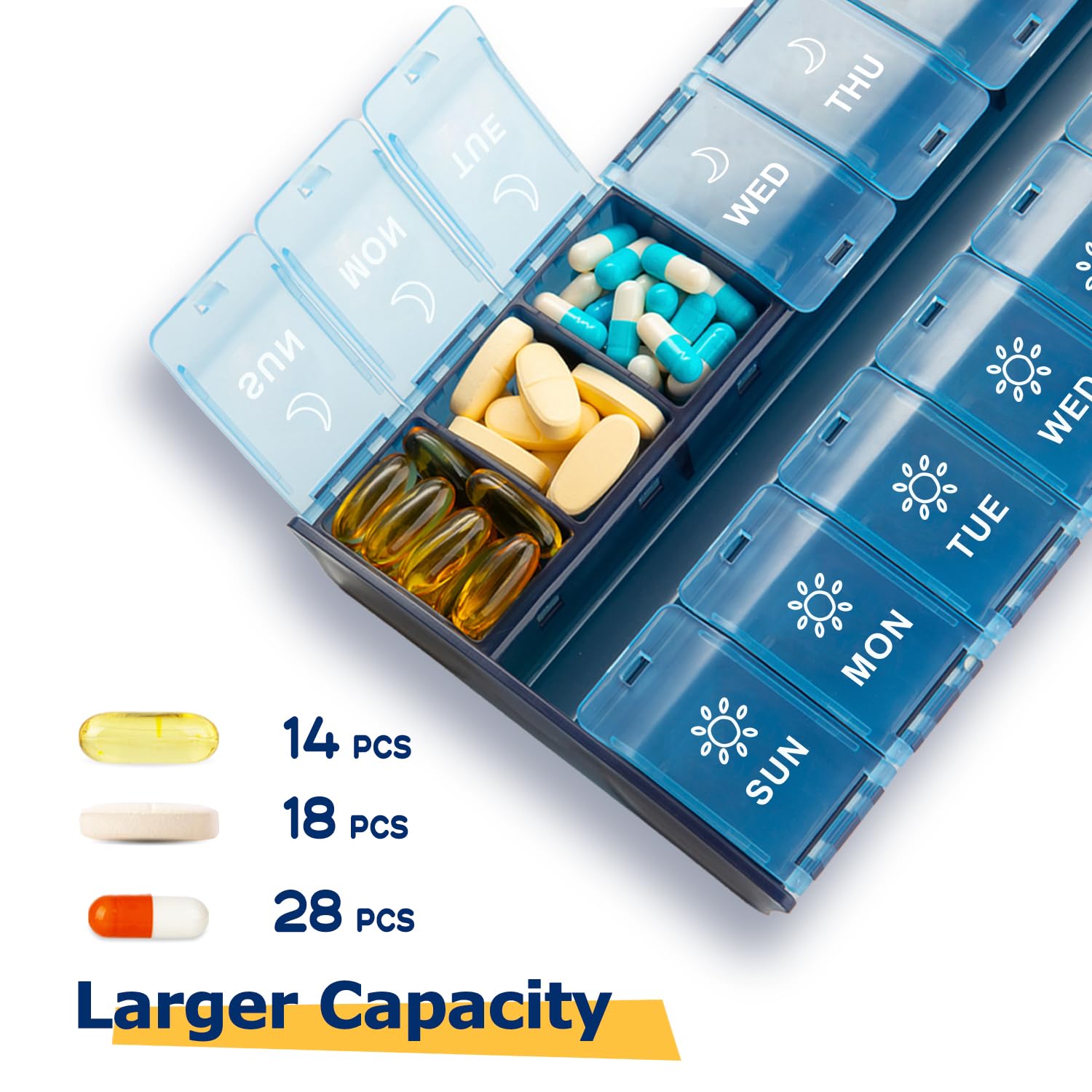 XL Large Weekly Pill Organizer 2 Times A Day, Hinged Lids Daily Vitamin Pill Box Holder Am Pm, Big Pill Container 7 Day, Medicat