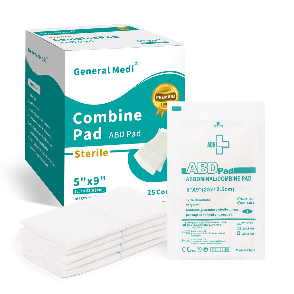 General Medi Sterile Abdominal Combine Pads - 25 Count 5 x 9 Individually Wrapped Absorbent & Thick Pads