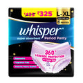 Whisper Super Absorbent Period Panty, 6 LXl Pants, 360 Degree Leakage Protection* For Heavy Flow, Panty Like Fit, Full Back Cov