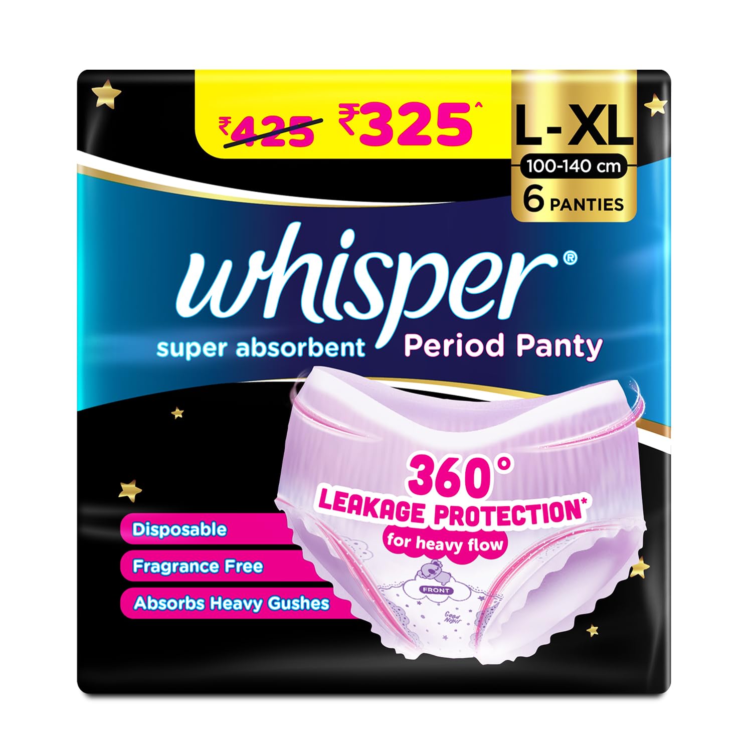 Whisper Super Absorbent Period Panty, 6 LXl Pants, 360 Degree Leakage Protection* For Heavy Flow, Panty Like Fit, Full Back Cov