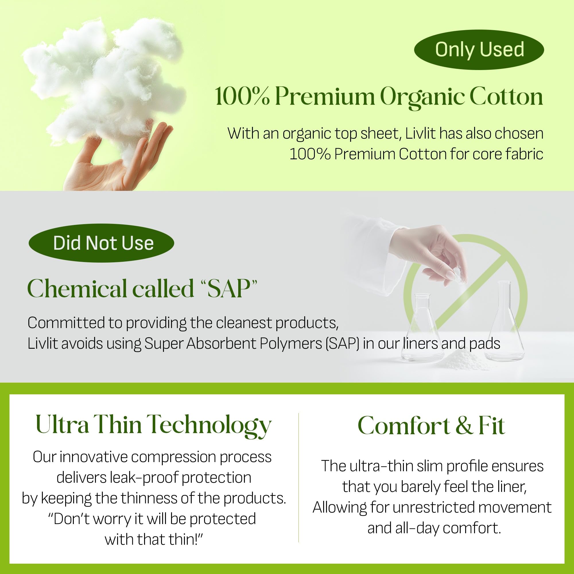 Livlit Regular Size Ultra Thin Sanitary Pads, 100% Organic Cotton from Texas, Powerful Leak Protection, Unscented, Chlorine Free