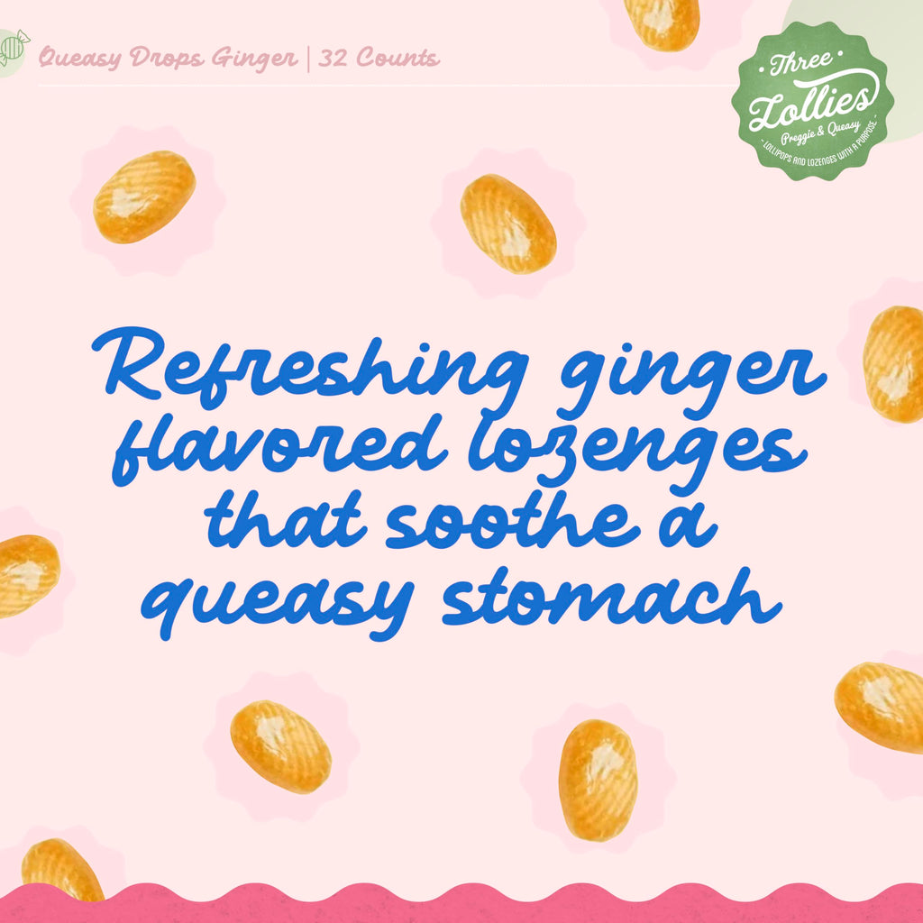 Three Lollies Queasy Drops - Ginger Flavor - Relief from Nausea & Travel Sickness, Soothes a Dry Mouth & Settles Stomach - Natur