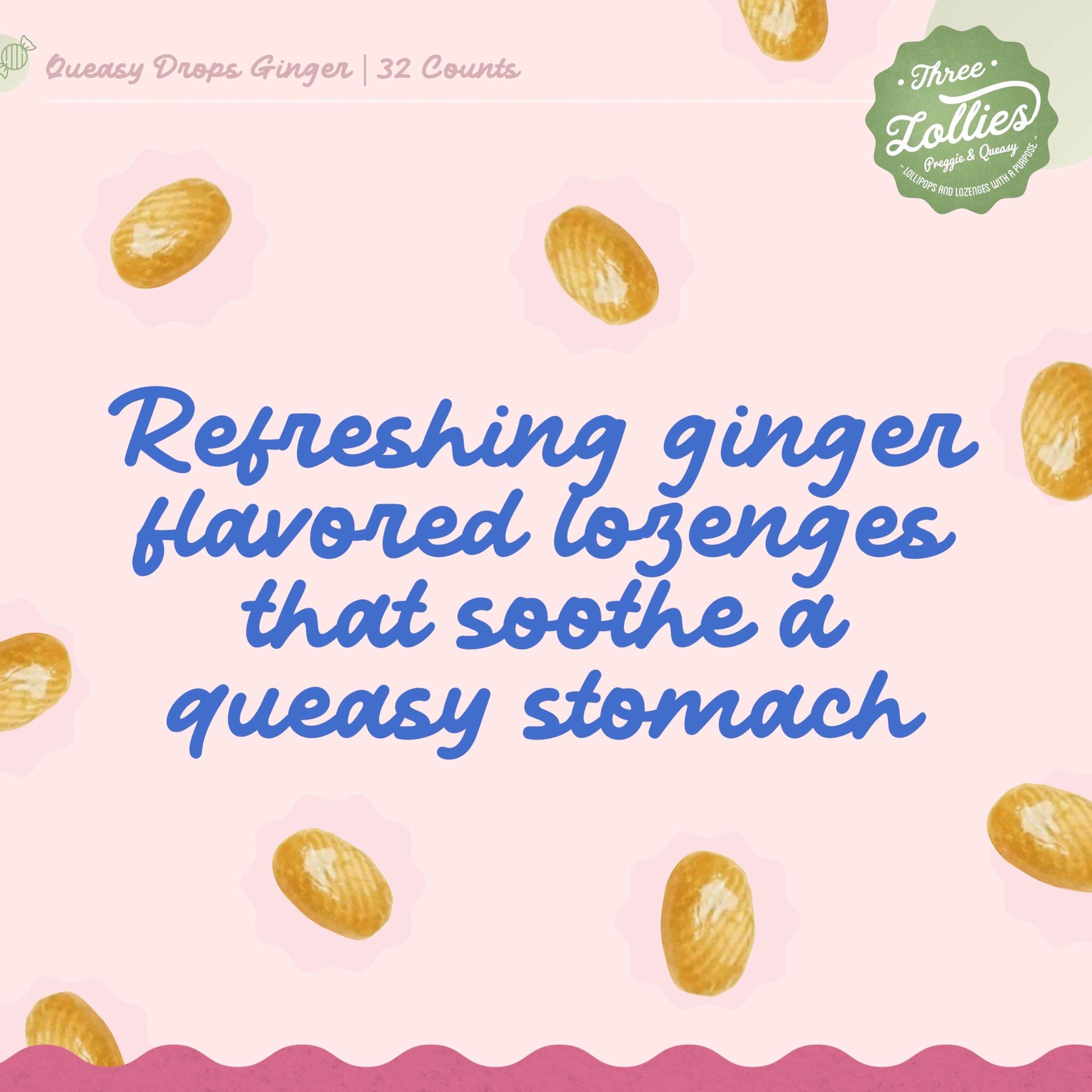 Three Lollies Queasy Drops - Ginger Flavor - Relief from Nausea & Travel Sickness, Soothes a Dry Mouth & Settles Stomach - Natur