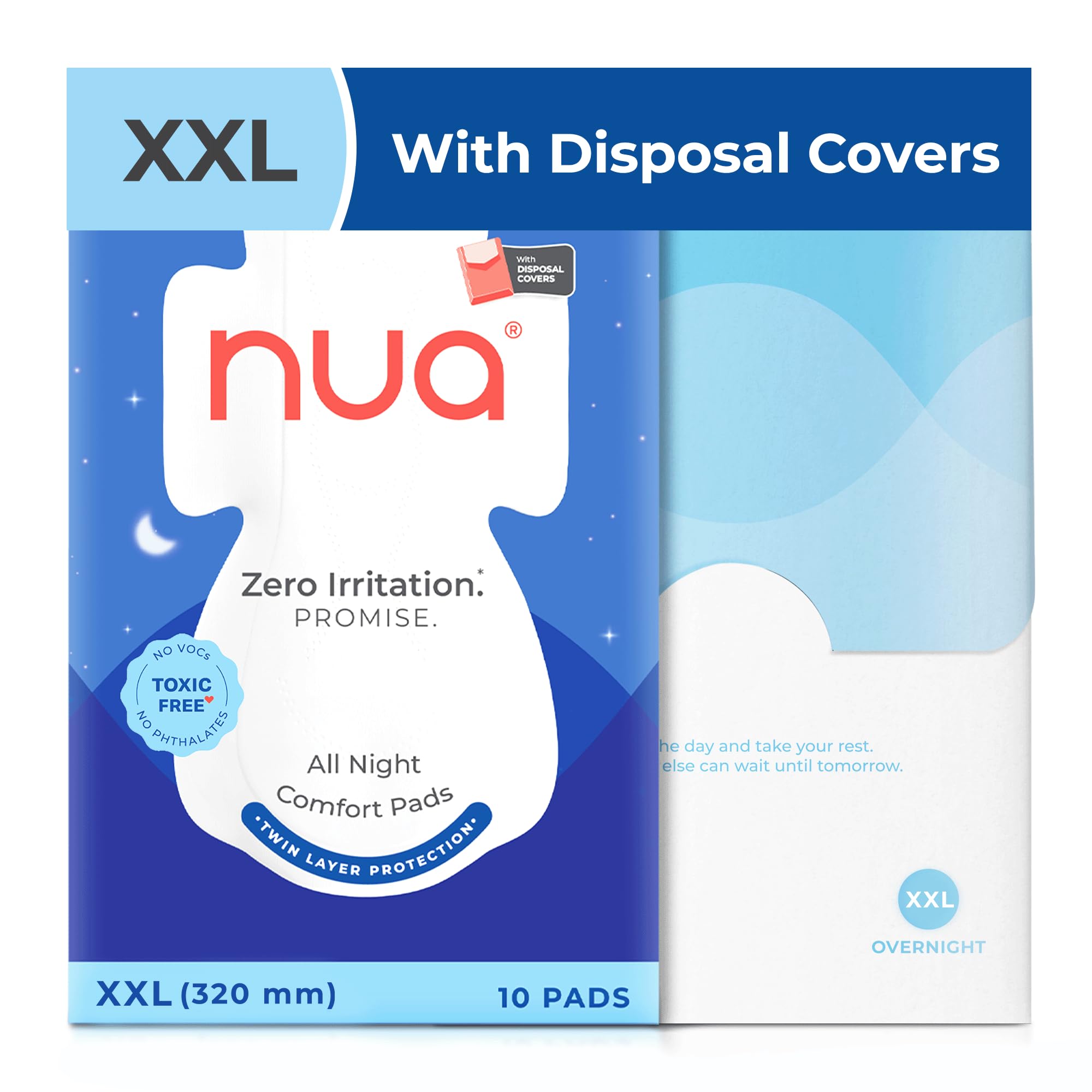 Nua All Night Comfort Sanitary Pads | Pack Of 10 (Xl++ 320Mm) | Twin Layer Protection | 50% Wider Back And Anti Stain Wings | Up