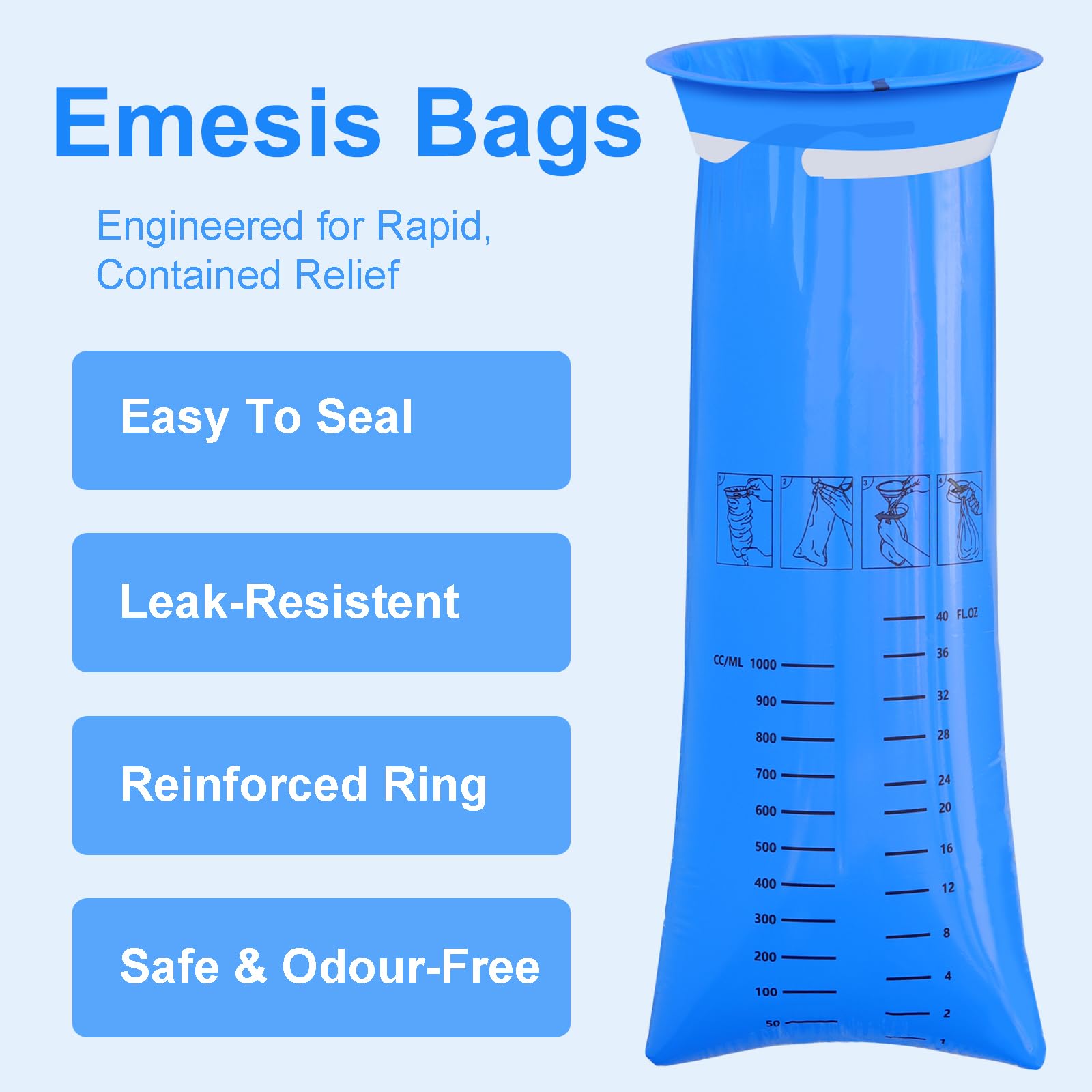 100 Pack Emesis Vomit Bags for Car, 1000 ml Blue Portable Nausea Bag for Pregnant Women, Leak Proof Puke Throw Up Nausea Bags fo