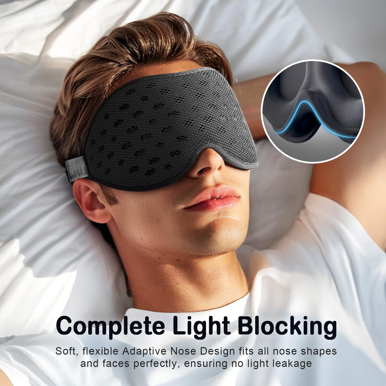 LitBear Breathable Sleep Mask, 3D Eye Mak Sleep for Side Sleepers Women Men, Light Blocking Sleeping Mask with Adjustable Strap,