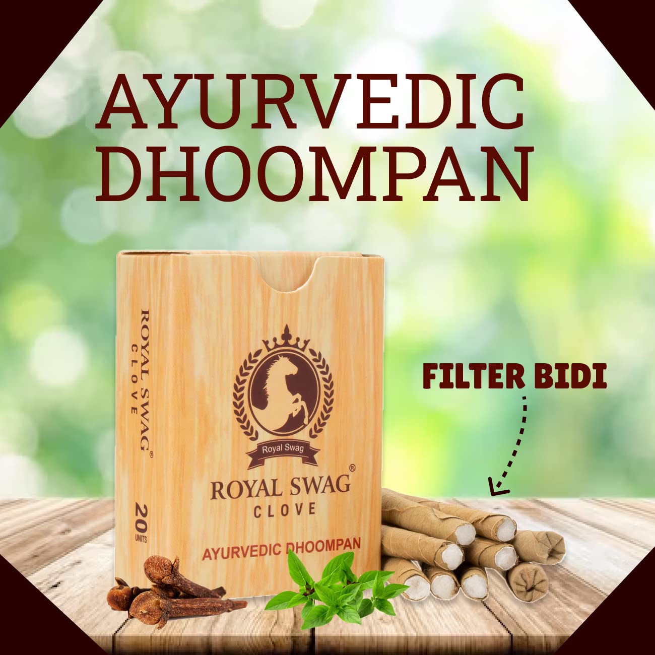 ROYAL SWAG Ayurvedic & Herbal Long Filtered Bidi Smoke (Pack of 1 X 20 Bidi Sticks Per Pack) with 12 ml Shot to Stop Nicotine Cr