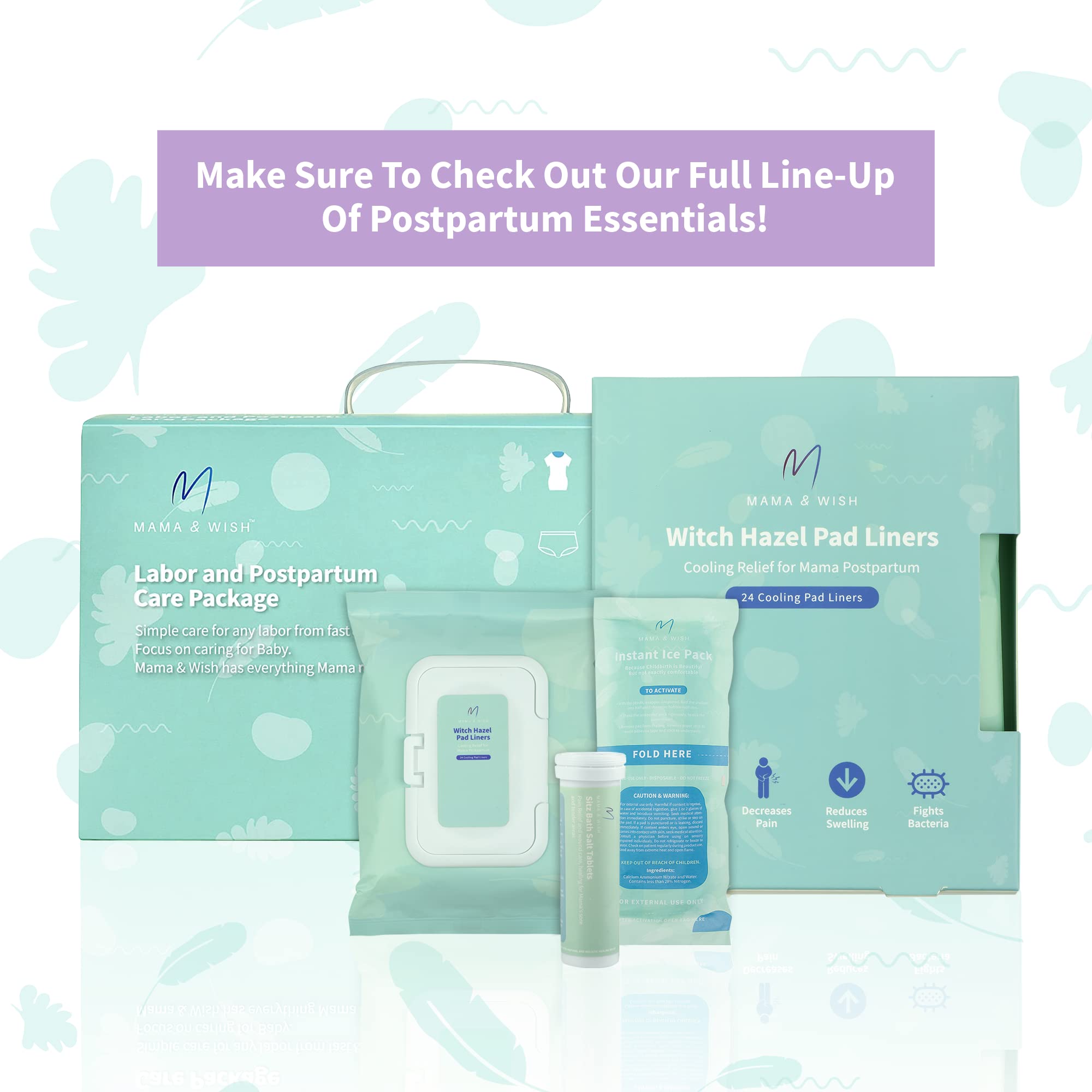 Mama & Wish Witch Hazel Pad Liners for Postpartum Care (24 Count) | Full-Length Cooling Perineal Pads Liner | Postpartum Essenti