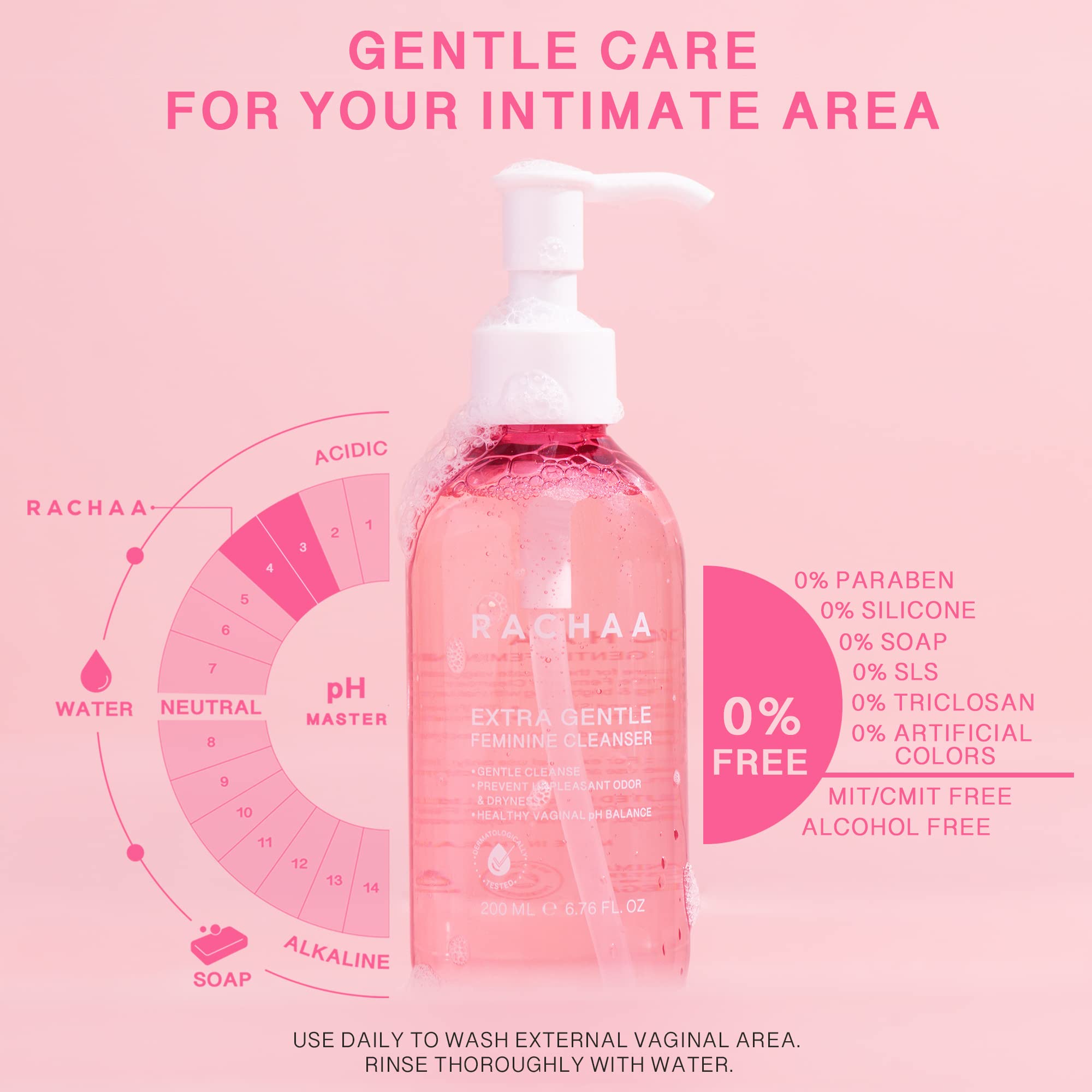 RACHAA Feminine Wash for Women - Gentle Daily Intimate Cleanser for Lightening, Moisturizing, Cleansing with Vitamin C, Tea Tree