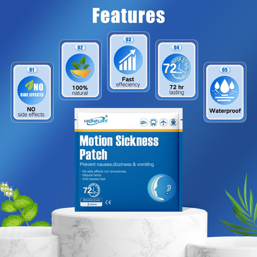 Hionfurt 32ct Motion Sickness Patches - Sea Sickness Patches for Cruise, Car, Airplane, and Other Travel - Non-Drowsy, Effective