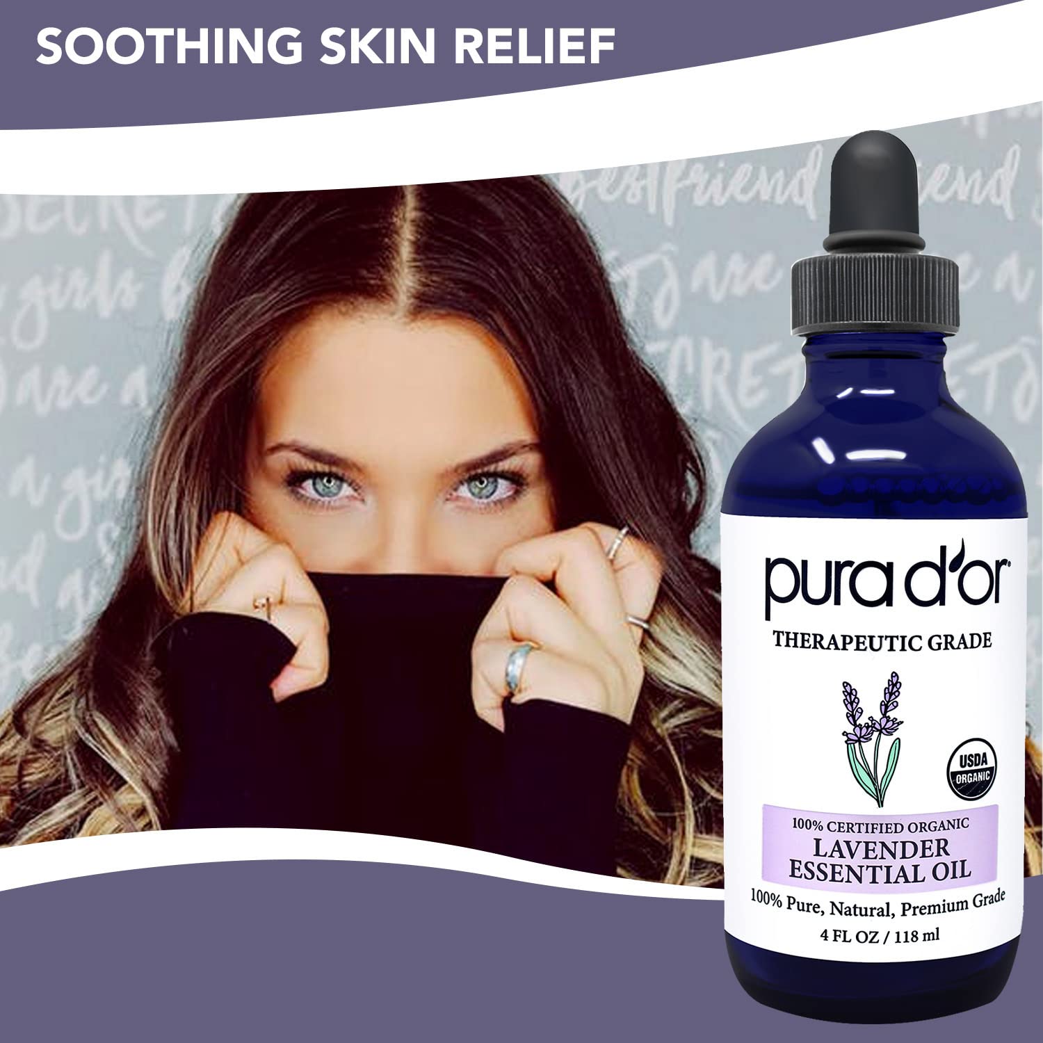 PURA DOR Organic Lavender Essential Oil (4oz with Glass Dropper) 100% Pure & Natural Therapeutic Grade for Hair, Body, Skin, Ar