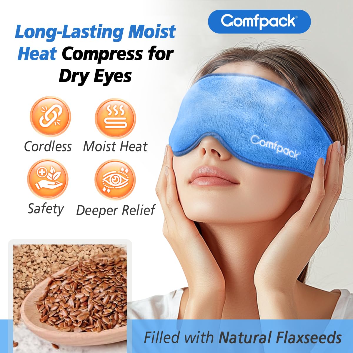 Comfpack Microwave Heated Eye Mask for Dry Eyes, Moist Eye Warm Compress for Dry Eye Therapy Mask with Washable Cover, Cordless