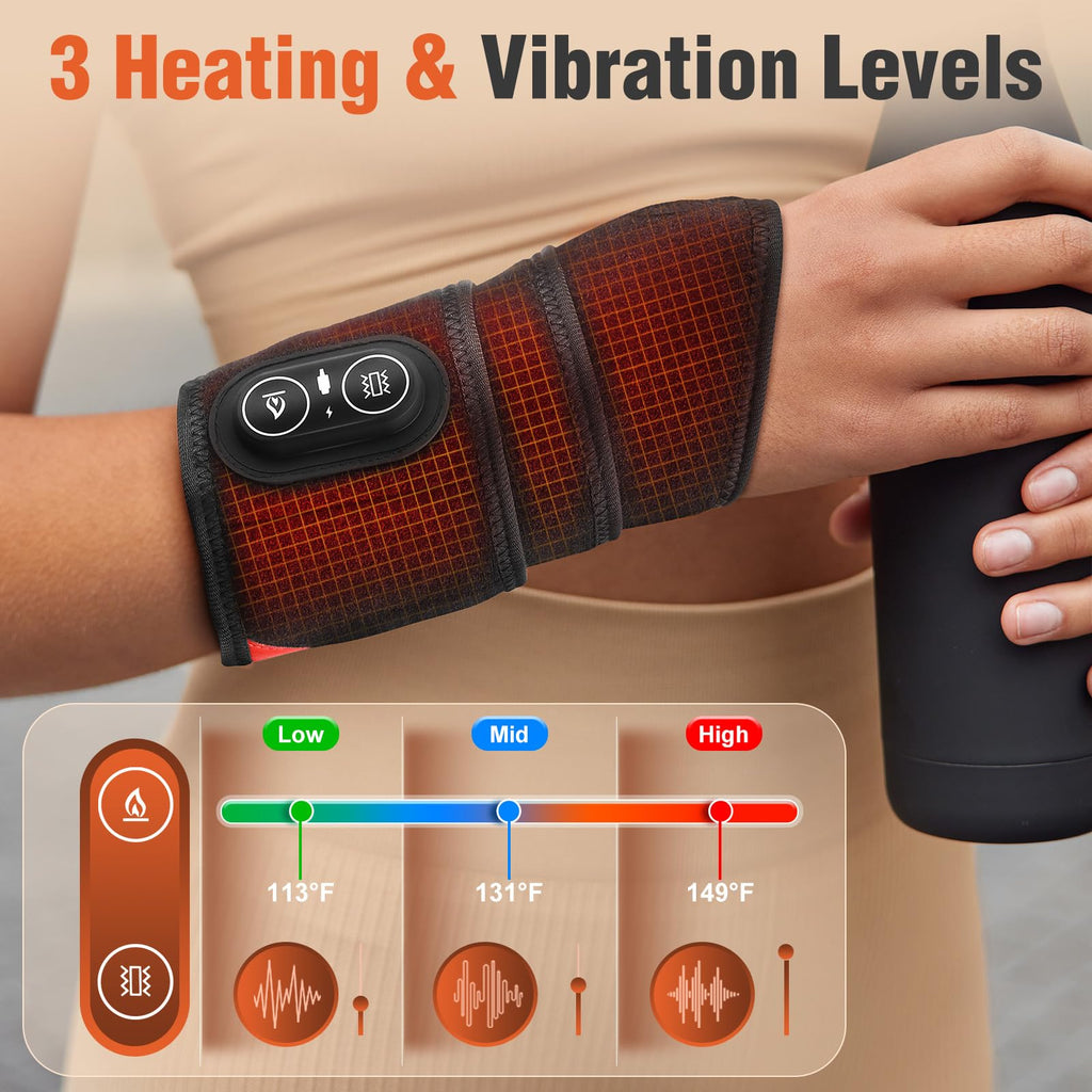 Cordless Wrist Heating Pad, Hand Wrap Brace with 3 Heats and Vibrations, Versatile Heating Pad for Knee, Elbow, Wrist, Ankle